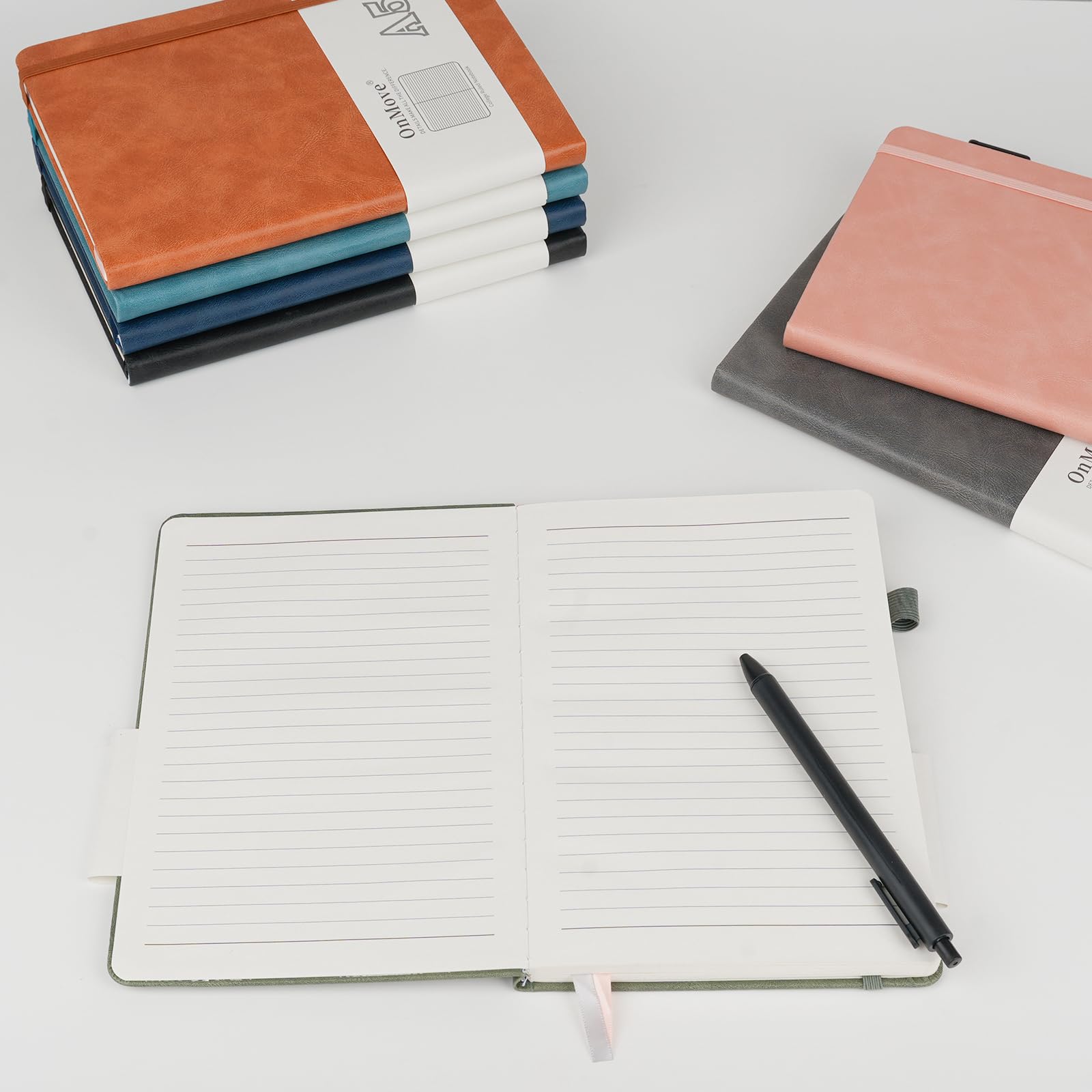 OnMove Notizbücher für Damen und Herren, 24 Stück, Leder, Hardcover mit Stifthalter, A5, 160 Seiten, 100 g/m² dickes Papier, für Arbeit, Schule, liniert, Schwarz