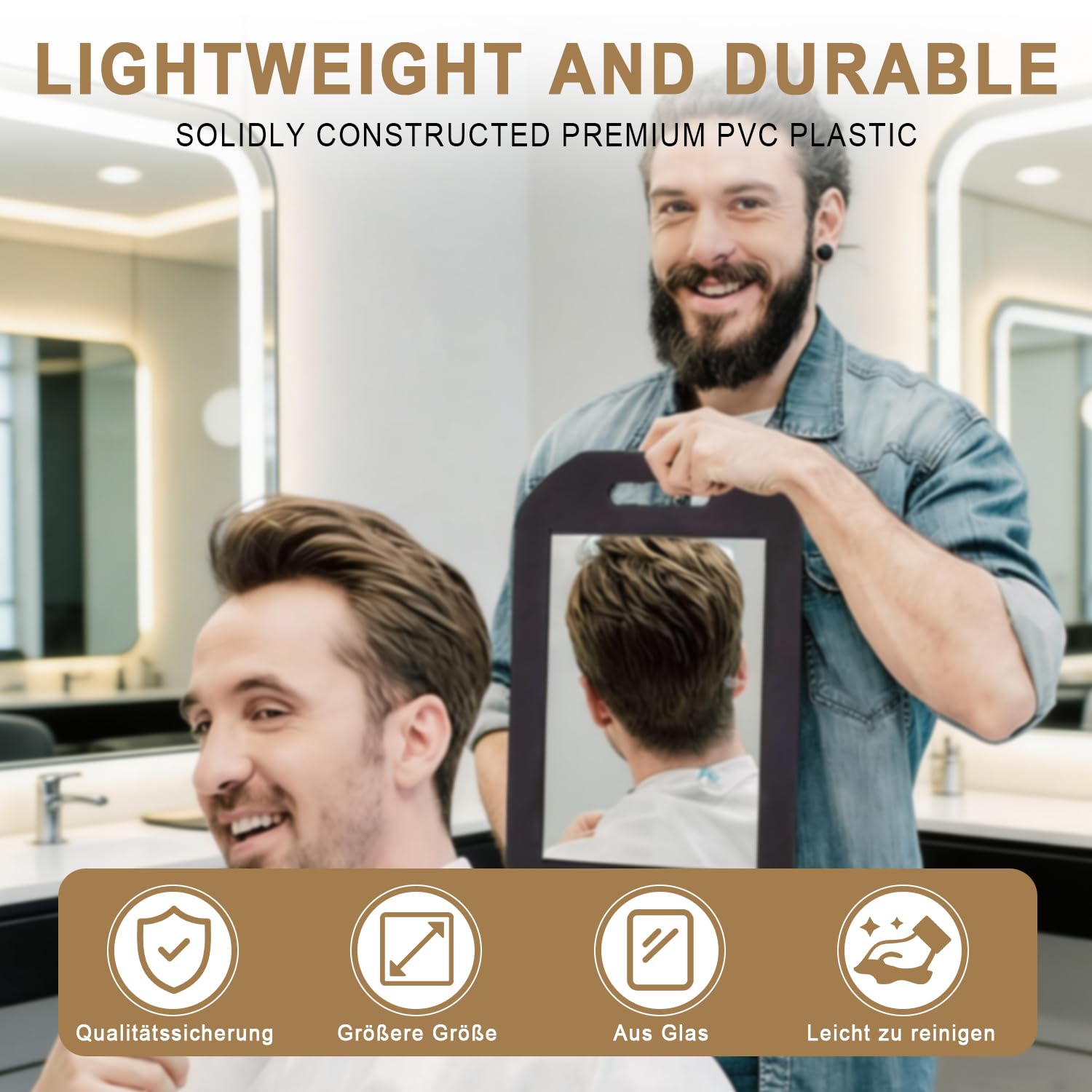 Specchio a mano grande con doppia maniglia, specchio cosmetico, specchio acrilico, strumenti professionali per il taglio dei capelli e bellezza (1 pezzo rettangolo nero)