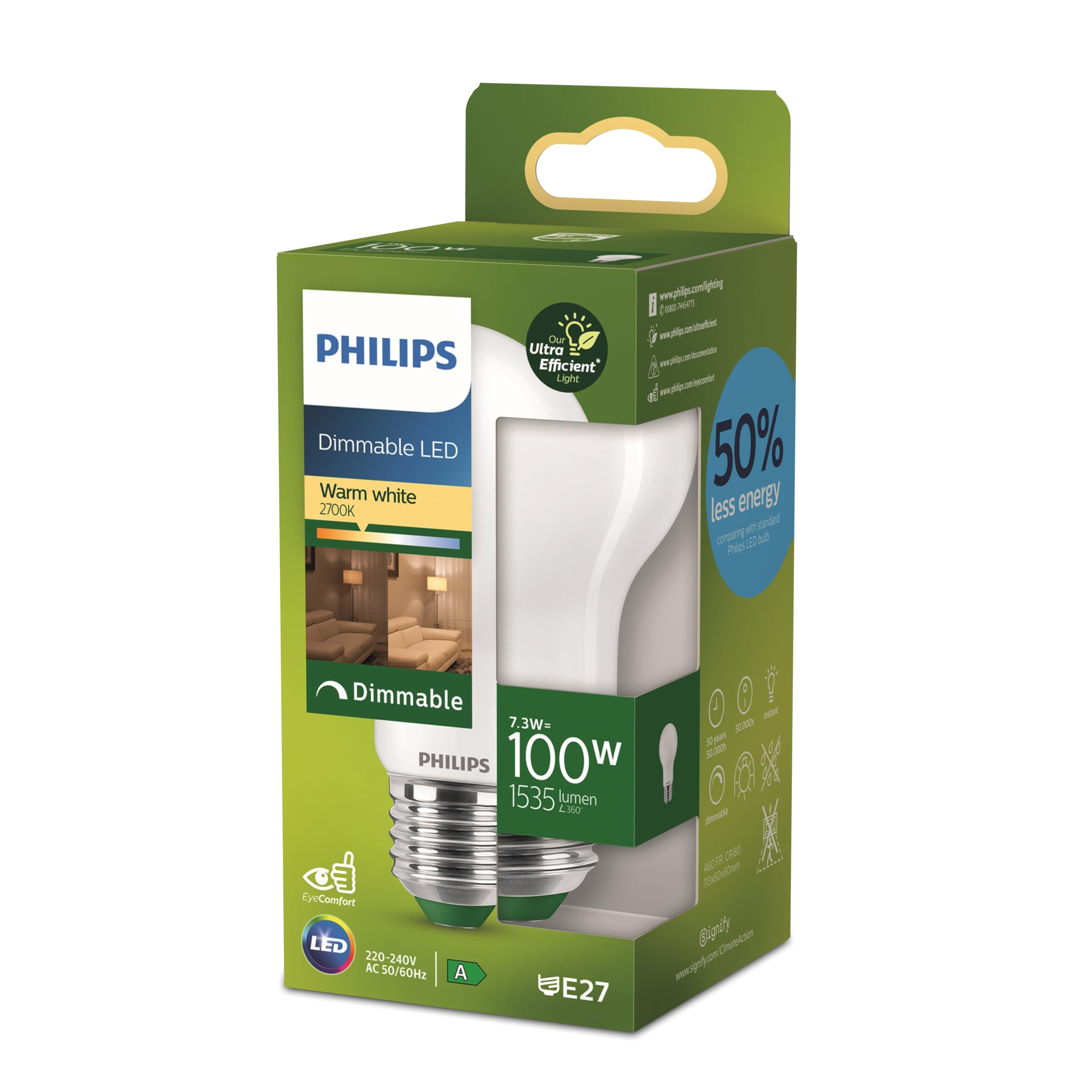 Philips Classic ultra-efficient LED bulb with energy efficiency class A, E27 base, 100W, frosted, warm white light, dimmable, long service life