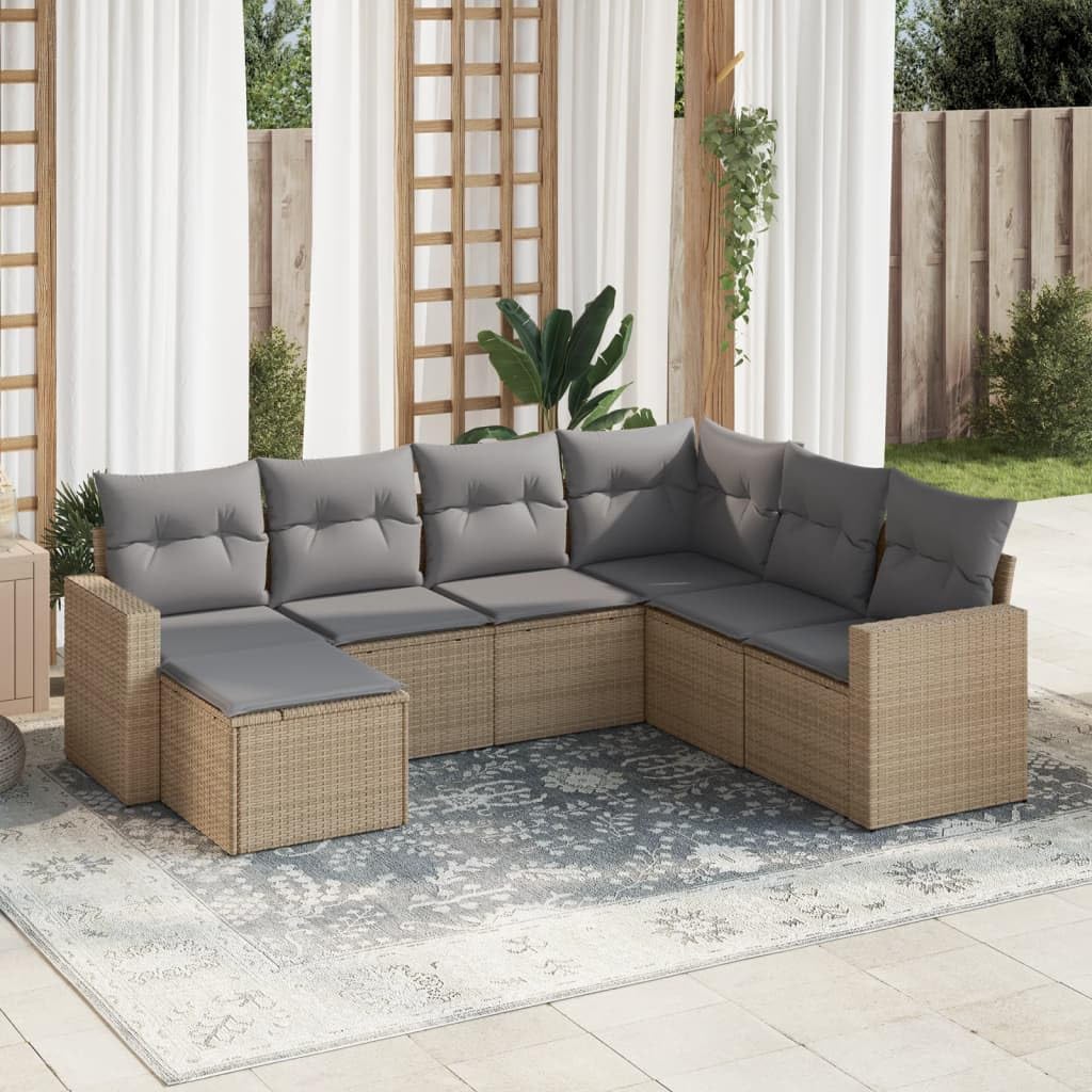 Set da 7 pezzi in polyrattan beige con cuscini, divano da giardino in PE rattan con vano portaoggetti e borsa idrorepellente, gruppo di sedute modulari con rivestimenti sfoderabili e lavabili