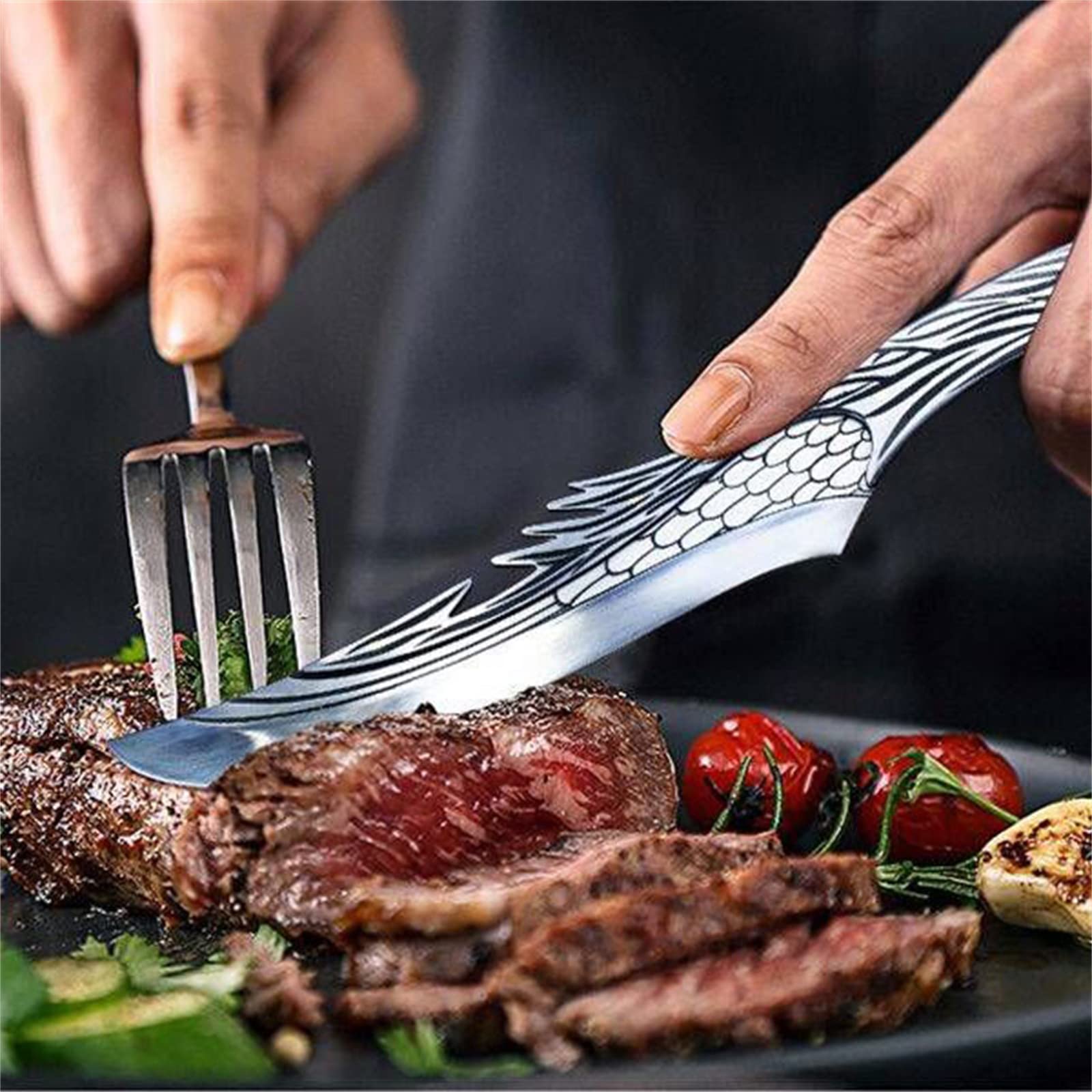 Couteau Cuisine Viking avec Manche en Bois,Couteau à Désosser Tranchant avec étui en cuir,Acier au Carbone Couteaux de Cuisine Japonais Professionnel Collection d'art (Aigle-01)