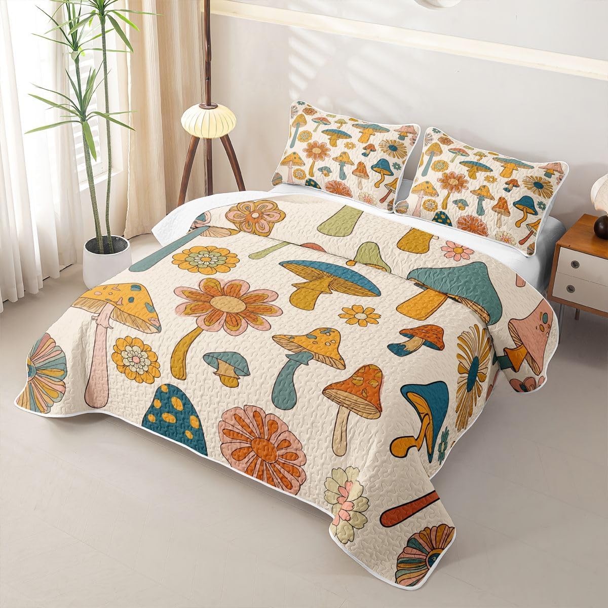 Bohemian King Quilt Bedding Set Exotic Mushroom Quilt Bedding Rainbow 60S 70S Groovy Flower Bedspread Coverlet Hippy Girl Flowers Quilted Comforter Soft Quilted Blanket Rustic Aesthetic Boho Floral