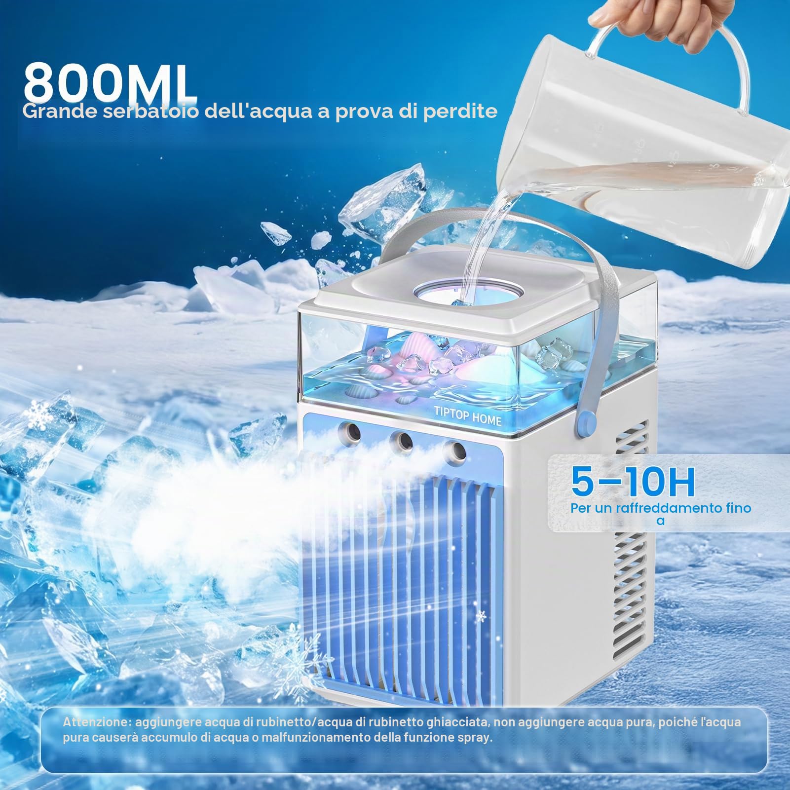 Mini Condizionatore Portatile, 5 in 1 Climatizzatore Portatile Senza Tubo con 3 Velocità, 3 Modalità di Nebulizzazione, Controllo Tramite App e Timer, Silenzioso Evaporativo Ventilatore con Ghiaccio