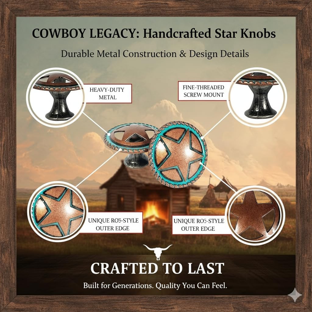 Urbalabs Teal Star Cutout Cast Iron Kitchen Cabinet Handles and Drawer Pulls Western Concho Cross Horseshoe and Star Country Home Rustic Decor Farmhouse Cabinet Handle Cabinet Knobs (12 Pack Knobs)