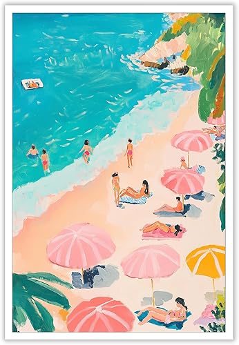 KOEUIRW Arte de pared de acuarela azul funky costero preppy colorido paraguas de playa, cuadros de decoración de verano pastel a la moda pósteres