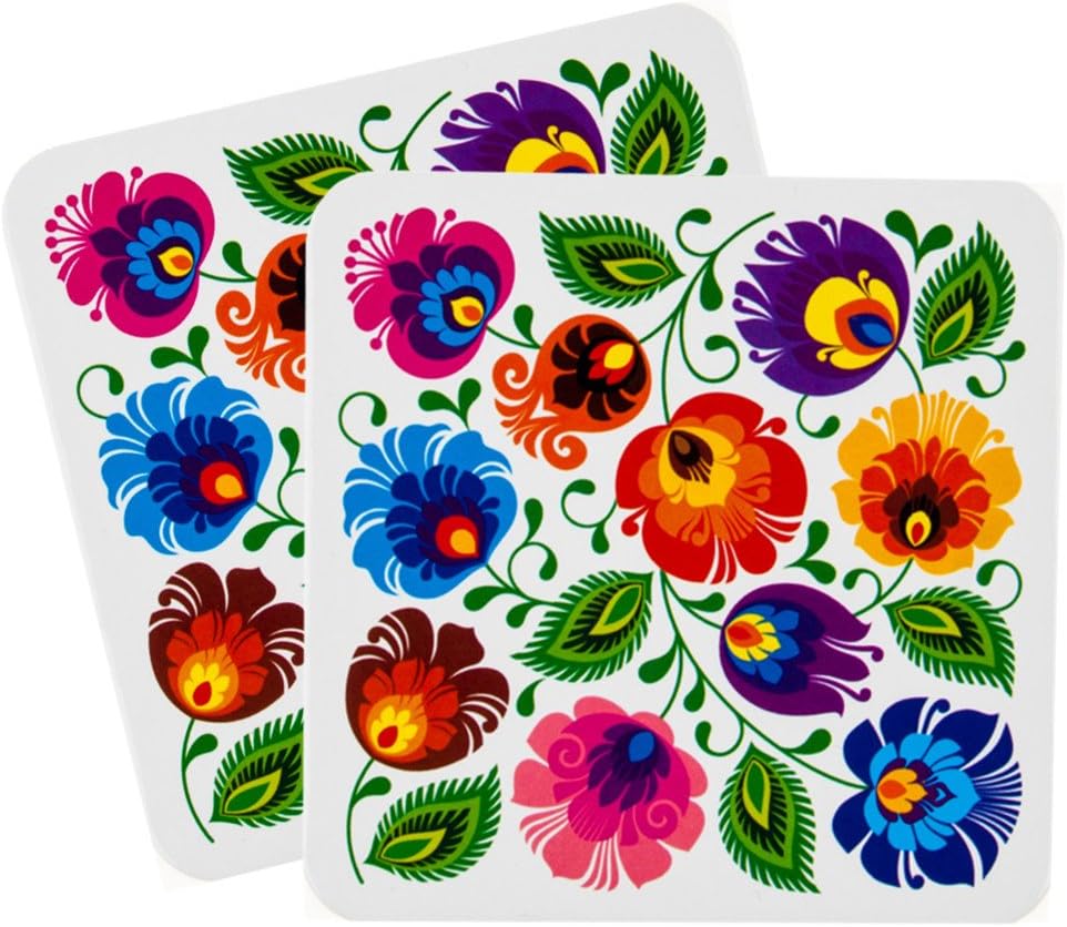 Polish Folk Cork Coasters, Set of 2 (White Lowicz Folk)