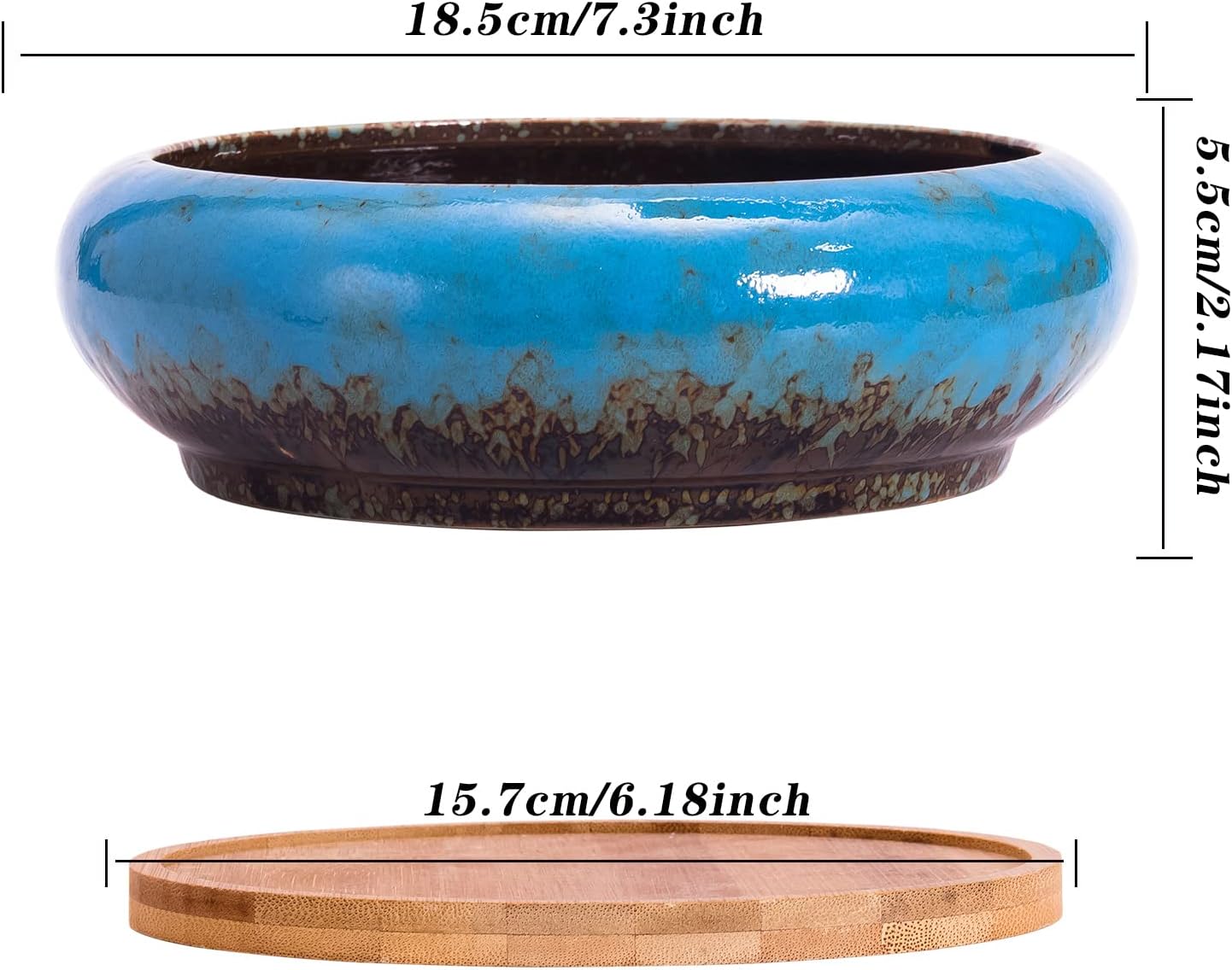 ARTKETTY Macetas Para Suculentas, 1 Maceta Rectangular + 1 Maceta De Cerámica Para Bonsái Con Bandeja De Drenaje, Paquete De 2 Macetas Grandes Y Poco Profundas Para Plantas De Interior, Maceta