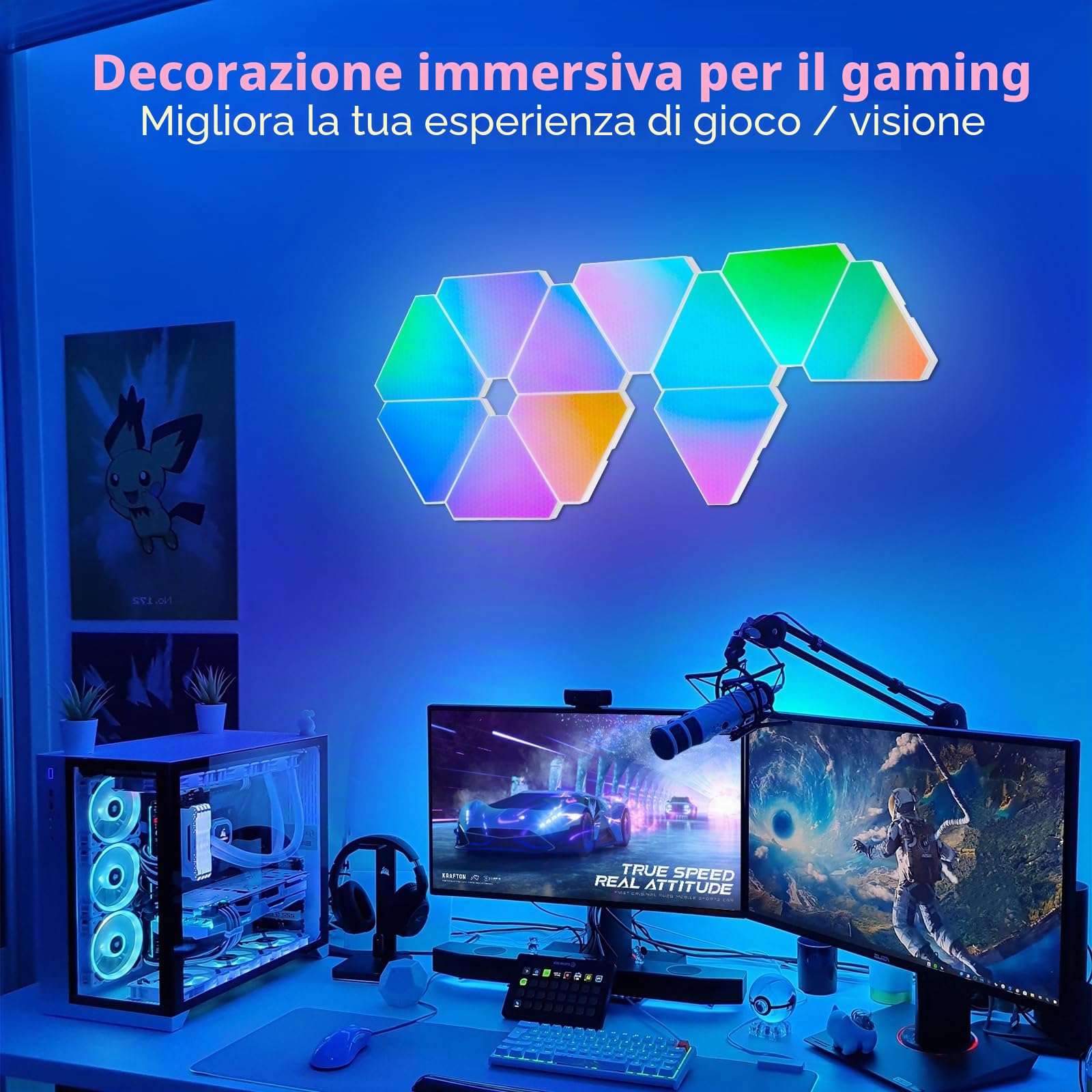 Pannelli LED Luci Triangolari Parete - 6pcs Smart RGBIC Pannelli Luminosi Lampada da Parete Interni Design - Gaming Accessori Light Sincronia Musica Componibili Luce per Stanza Wall