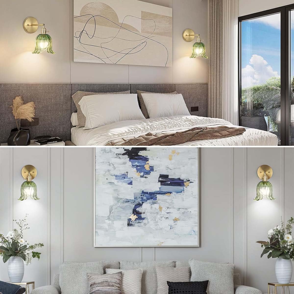 Lámpara de pared dorada recargable para interiores, estilo retro, con casquillo E27, RGB regulable y mando a distancia, inalámbrica, para mesita de noche, ajustable, con cristal verde, aplique de par