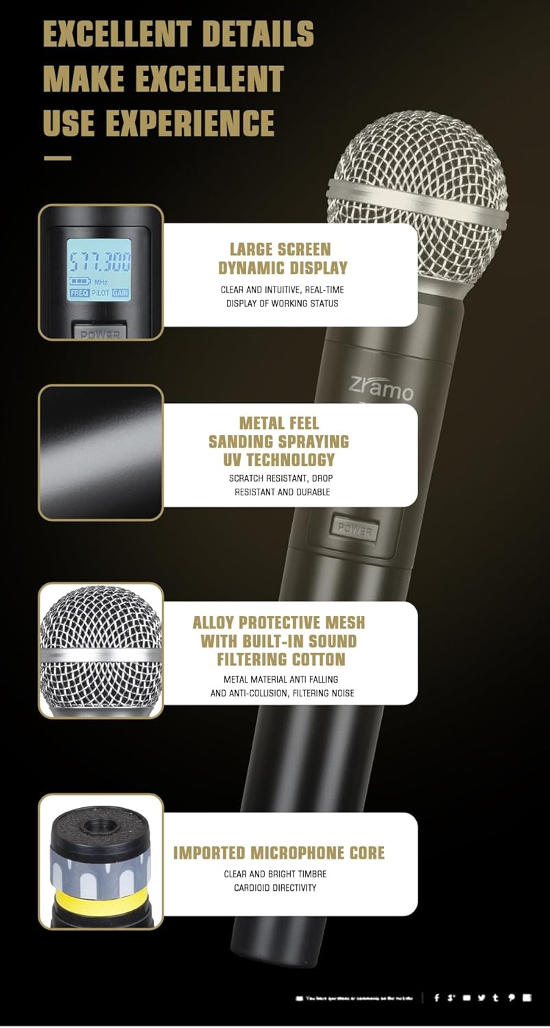 200-Channel Wireless Microphone System, Dual UHF Metal Cordless Mic Set, Long Distance 160-250Ft,Auto Scan Frequency, Use for Karaoke Singing, Family Party,Church(ZM830)