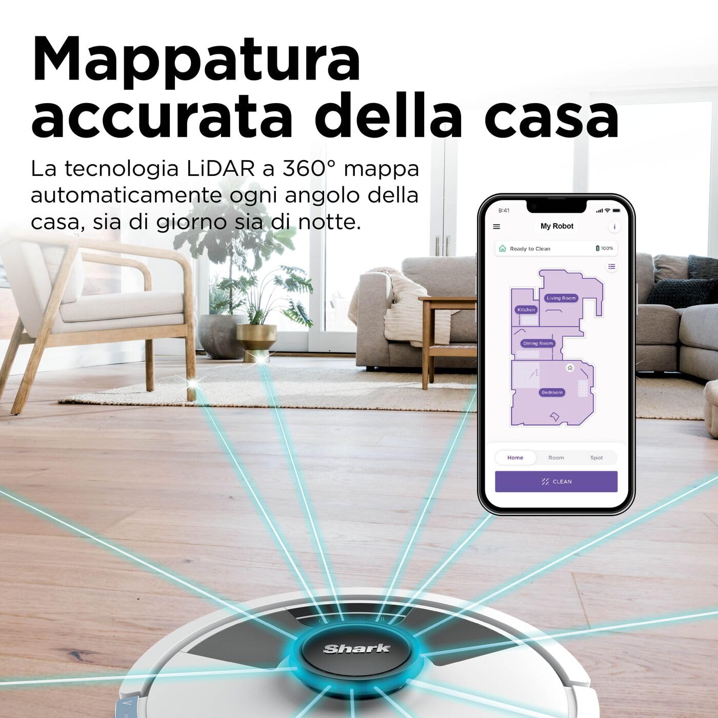 Shark Matrix Plus 2 in 1 Aspirapolvere Robot Lavapavimenti, Mappatura LiDAR e Edge Cleaning, Tappeti, Pavimenti e Animali Domestici, Antiallergeni, Ricarica Automatica, Wi-Fi e App con Alexa, Bianco