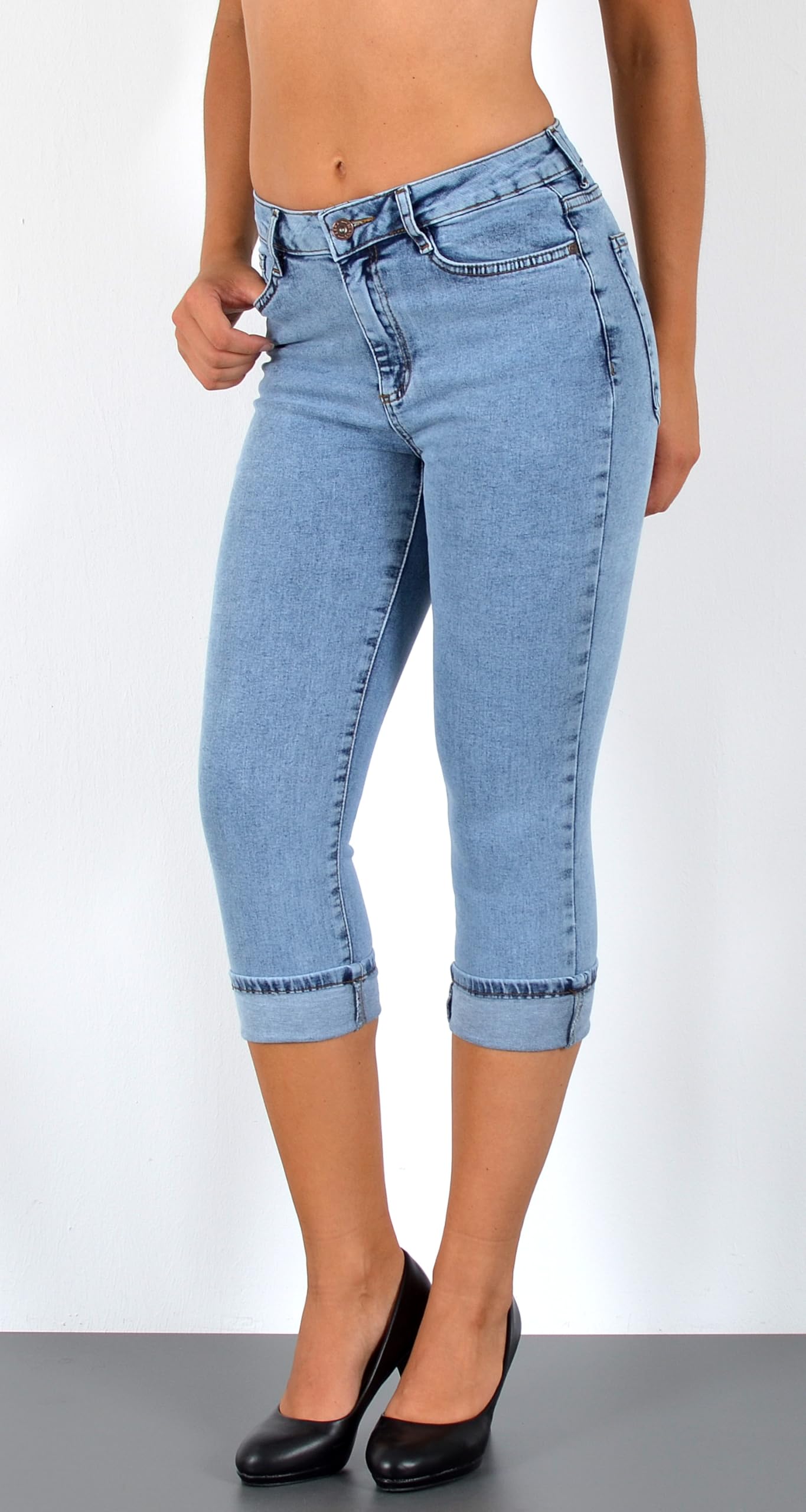 ESRA Damen Capri Jeans Hose Damen Caprihose 3/4 Jeans-Hose kurz bis Übergröße C15