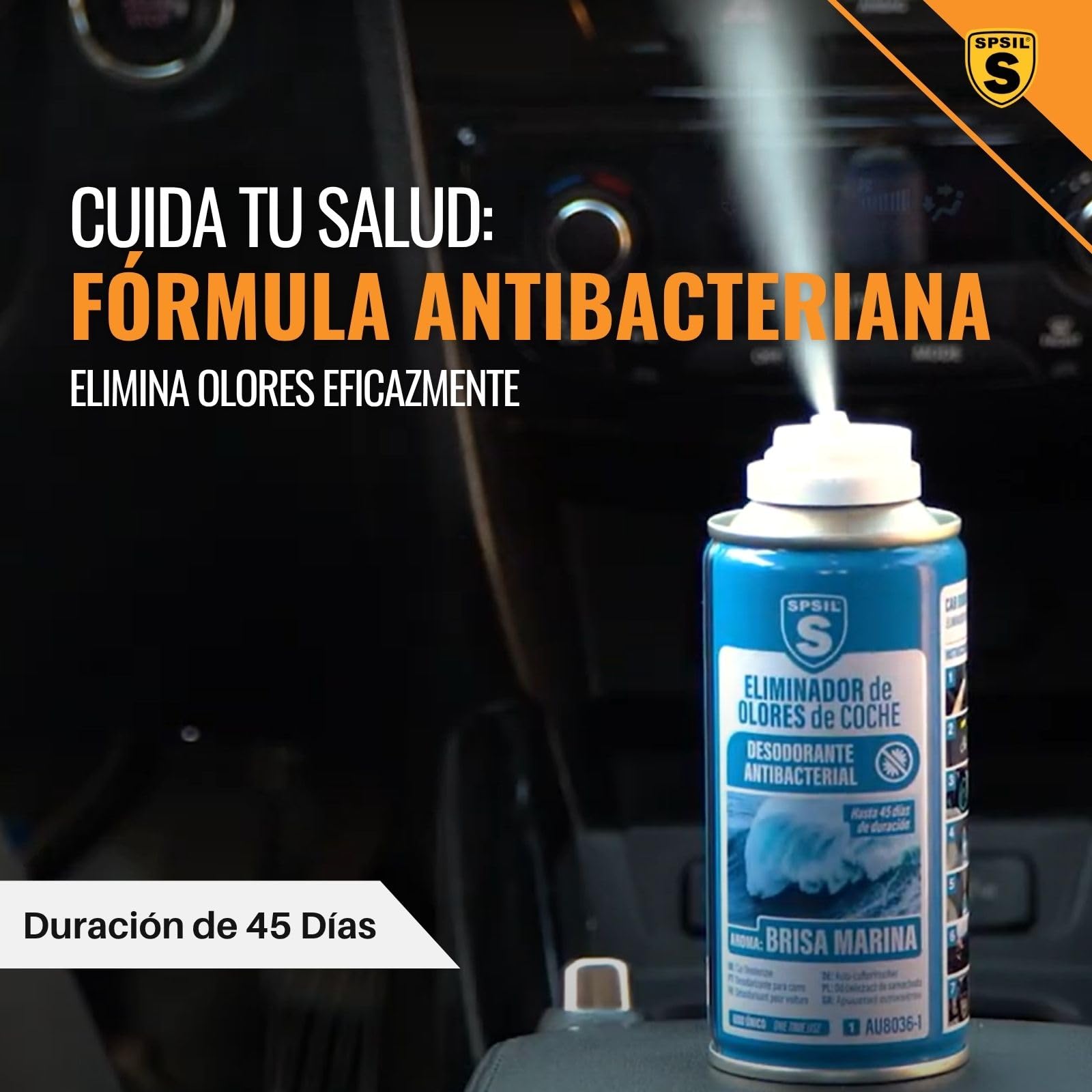 SPSIL Spray Eliminador de Olores Aroma Coche Nuevo 150 ml - Fórmula Antibacteriana - Duración de 45 Días - Duración de 45 Días