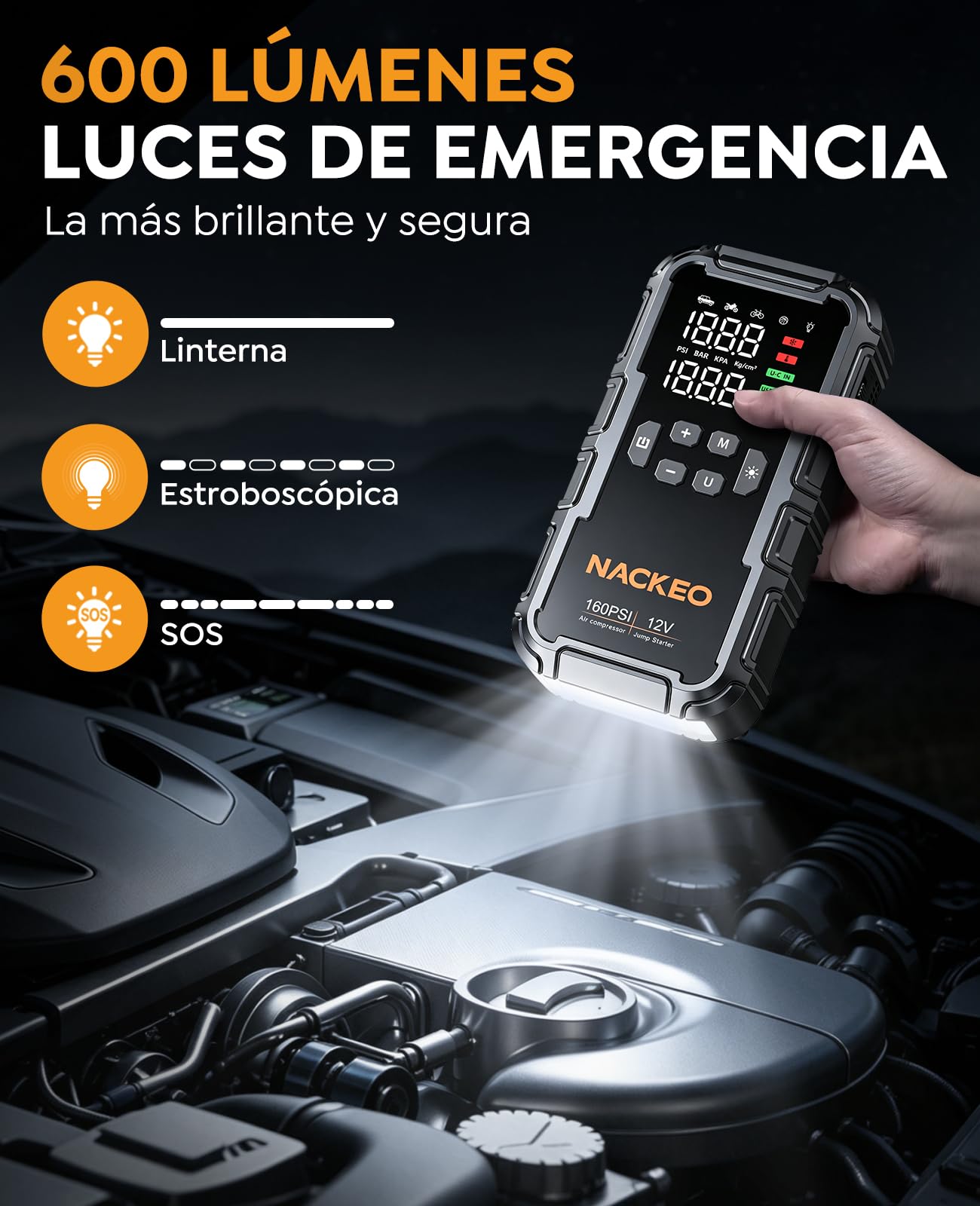 Arrancador de Baterias de Coche 8000A con Compresor, 160PSI Inflador de Neumáticos, Arrancador de Coches 12V (Gasolina y Diésel 12L), Jump Starter con Luz LED 600LM, Cables de Arranque, Pantalla LCD