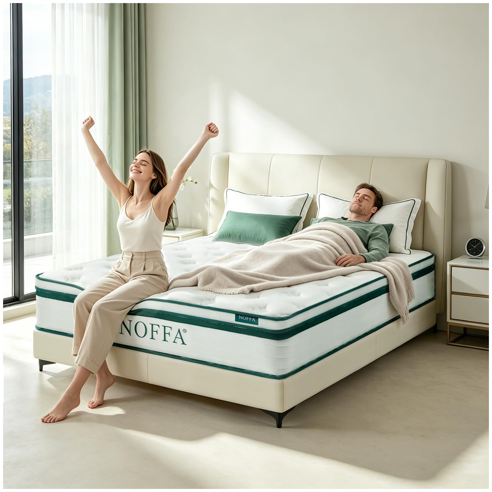 NOFFA Double Mattress 4FT6 | 12" Double-Size Hybrid Mattresses | 7 Zone Orthopedic Mattresses Include Memory Foam & Pocket Springs - Soft - 135x190x30cm