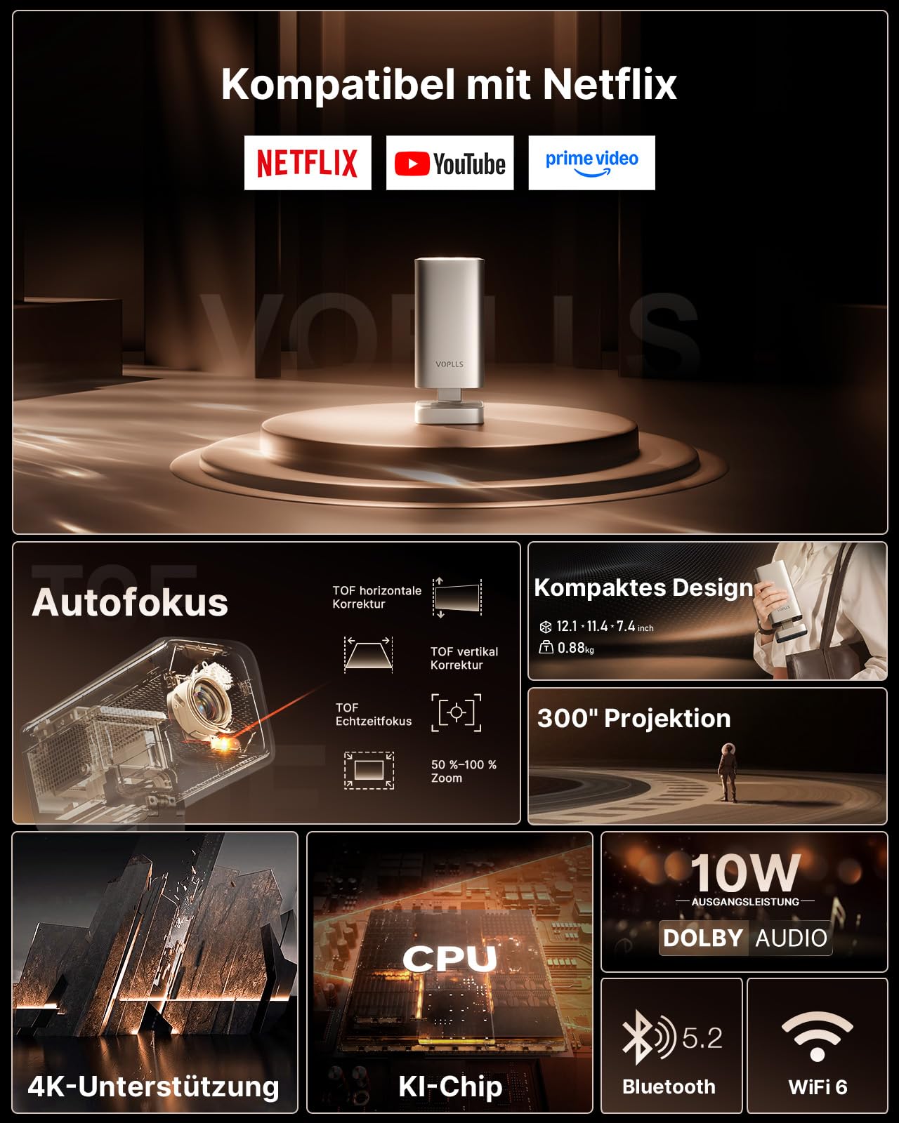 Smart Mini Beamer 4k Heimkino[Integrierte Netflix-App & 30000 Lumen] VOPLLS Verbesserte Version TOF Autofokus/Trapezkorrektur Projektor, WiFi6 Bluetooth FHD 1080P Beamer Outdoor für Handy/PC