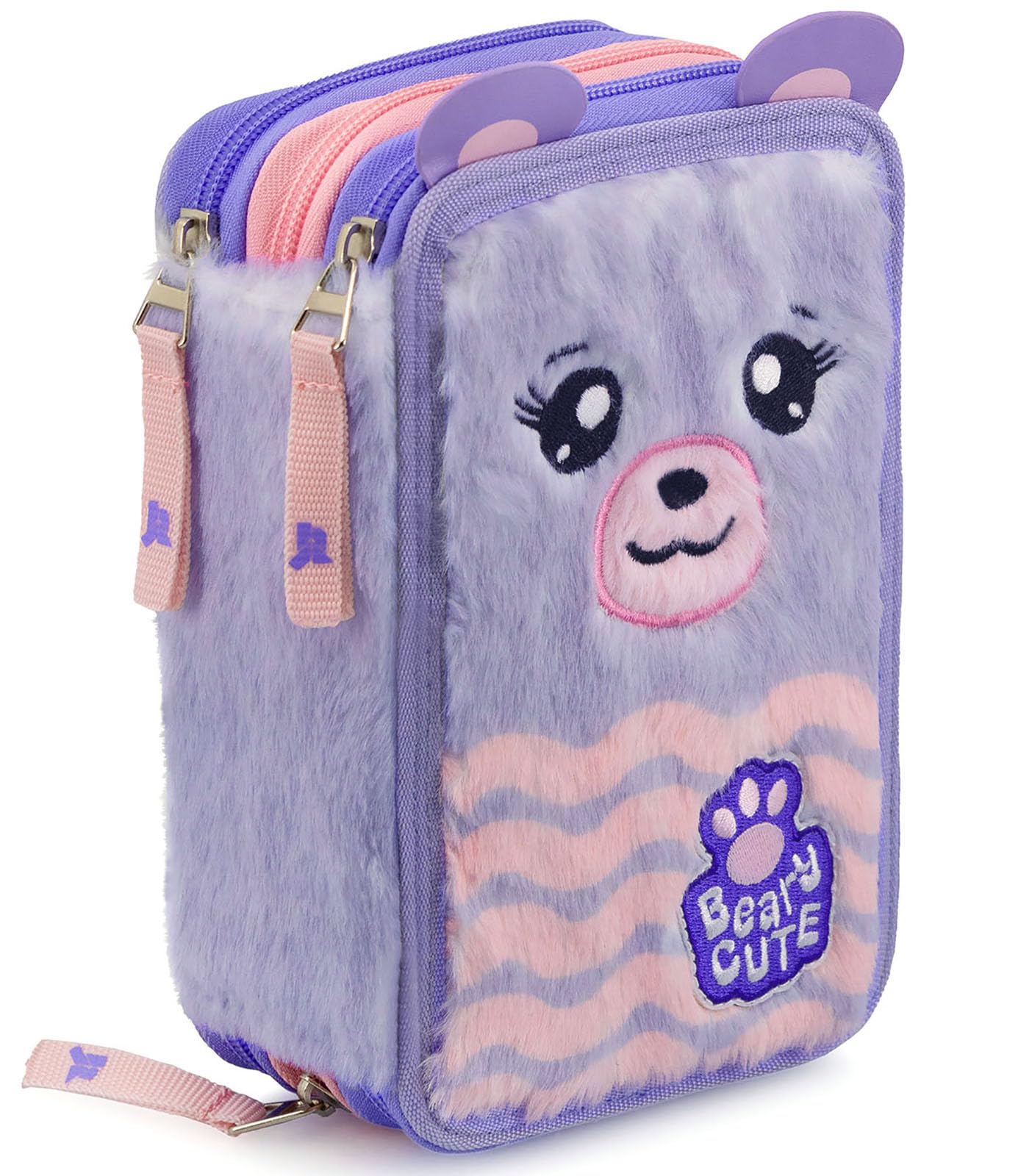 Julian Ross Oso Peluche Fluffy Estuche Triple Relleno para Niñas, 45 Accesorios de Escuela, 3 Cierres de Cremallera, Lápices de Colores, Marcadores, Pegamento, Tijeras