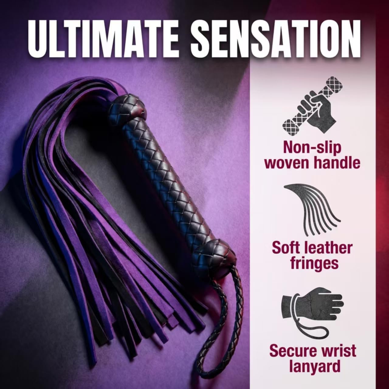 Purple-Black Suede Whip with Tassels, Woven Leather Handle, Wrist Strap, Adult Sex Toy.