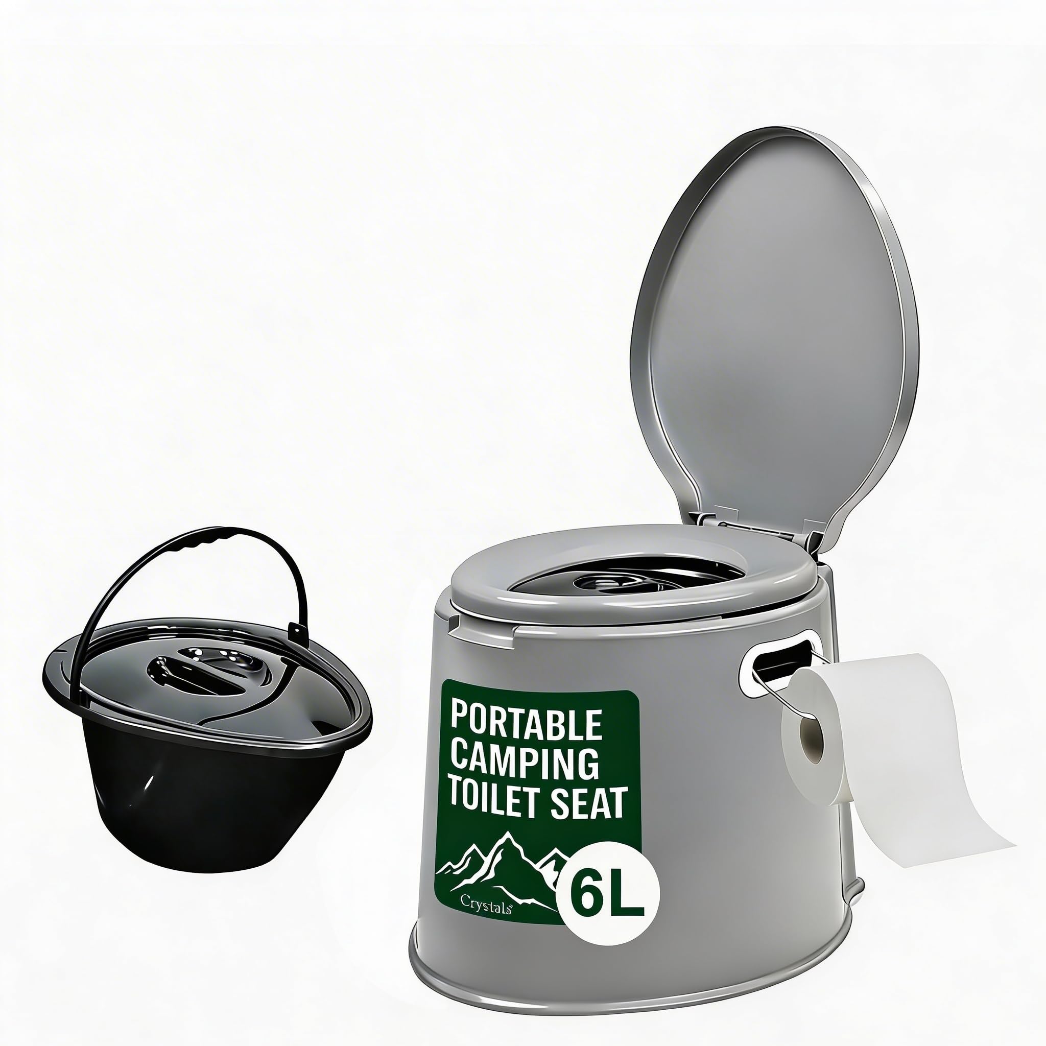 Denny International Large 6L Compact Portable Toilet, High Density Polyethylene, Potty Loo with Washable Basket and Toilet Roll Holder for Pool Party Camping Caravan Picnic & Festivals (Grey)