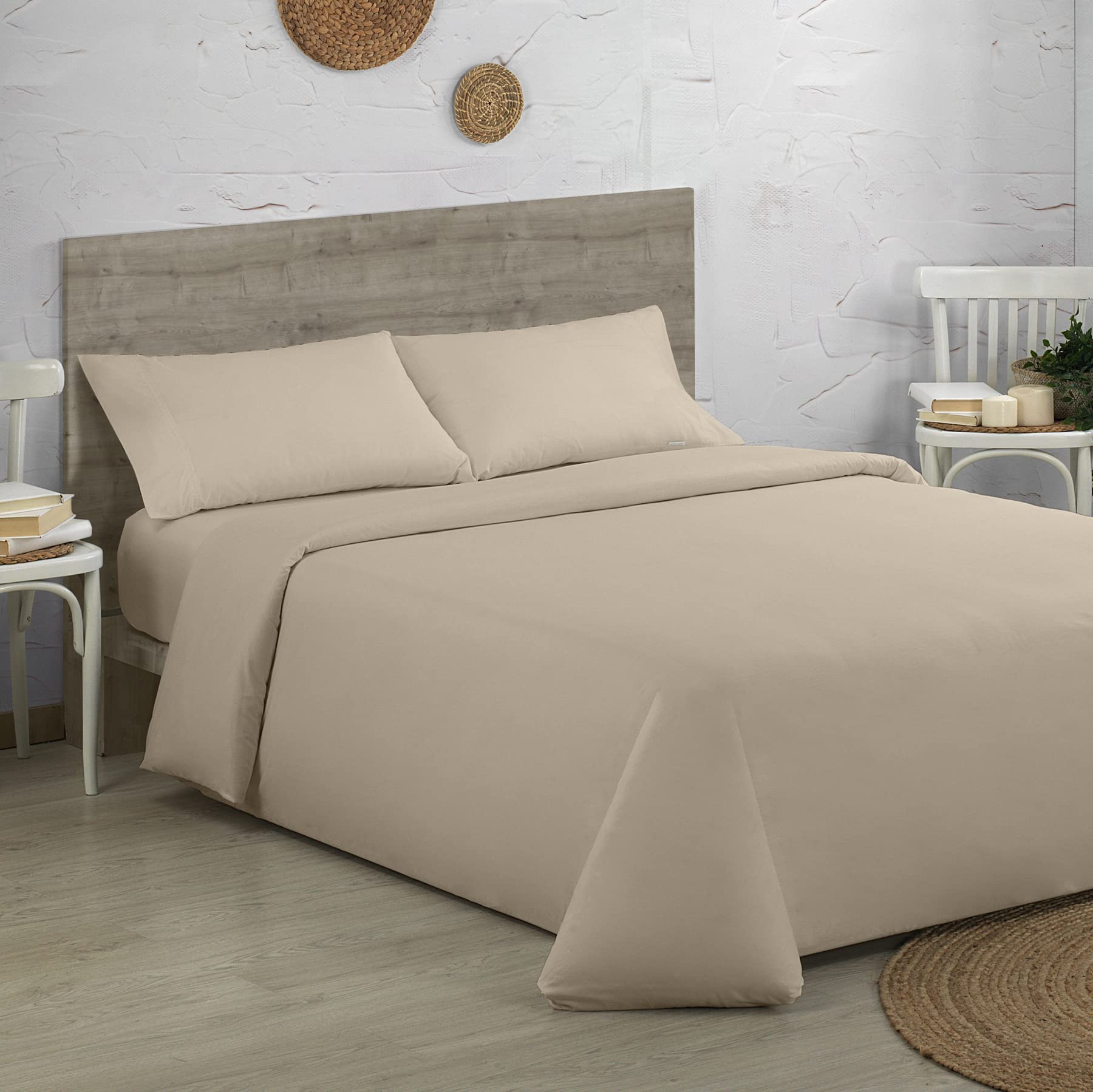 Juego de Funda nórdica de algodón orgánico Color Topo - Cama de 135/140 (3 Piezas) - Certificado Gots - Percal de 200 Hilos - Acabado en Doble Pespunte