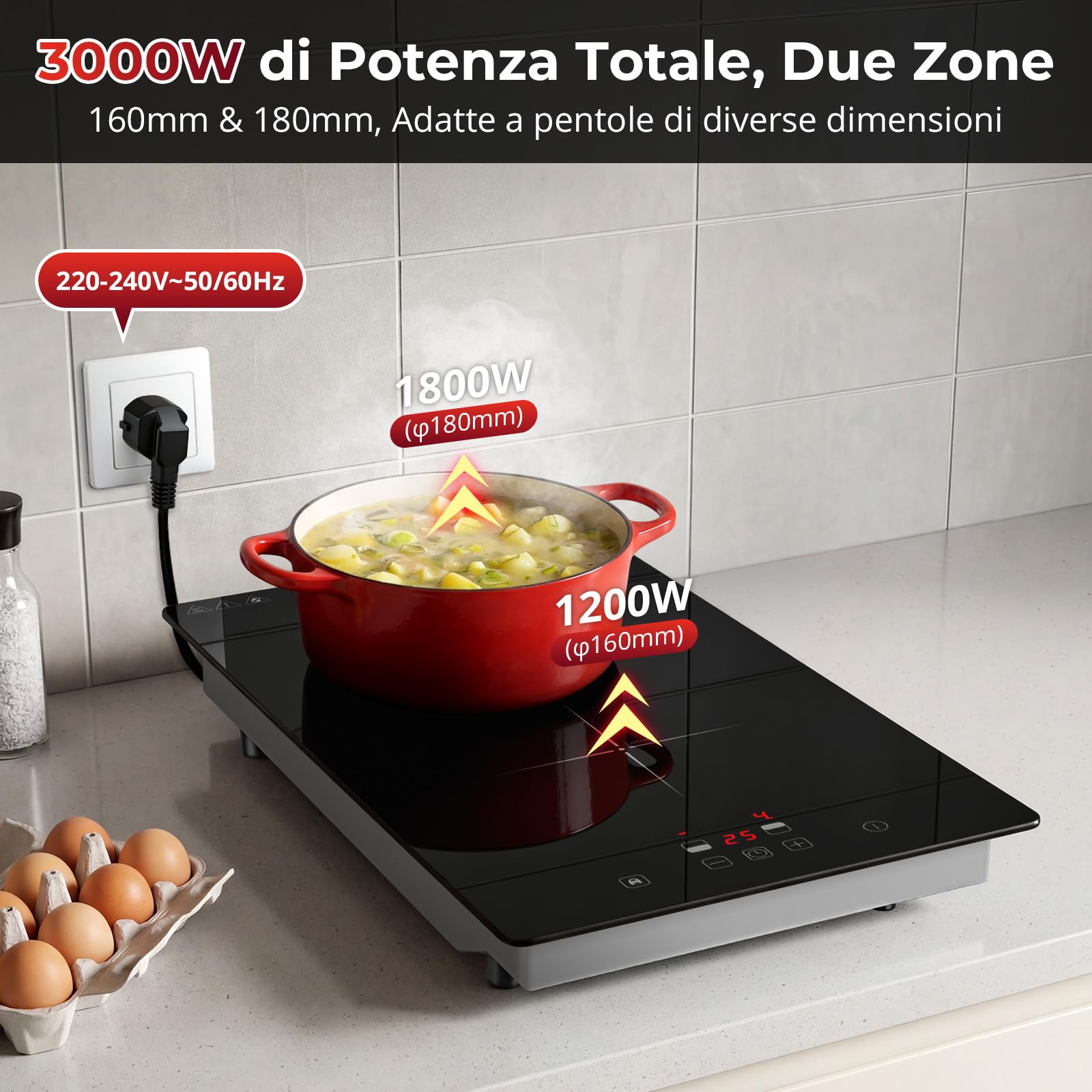 Piano Induzione 2 Fuochi da Portatile/Incasso, 3000W Piastra Induzione 2 Fuochi, Comando Touch, 9 Livelli di Potenza, Timer 99 Min, Spegnimento Automatico, Sicurezza Bambini, con Cavo di Alimentazione