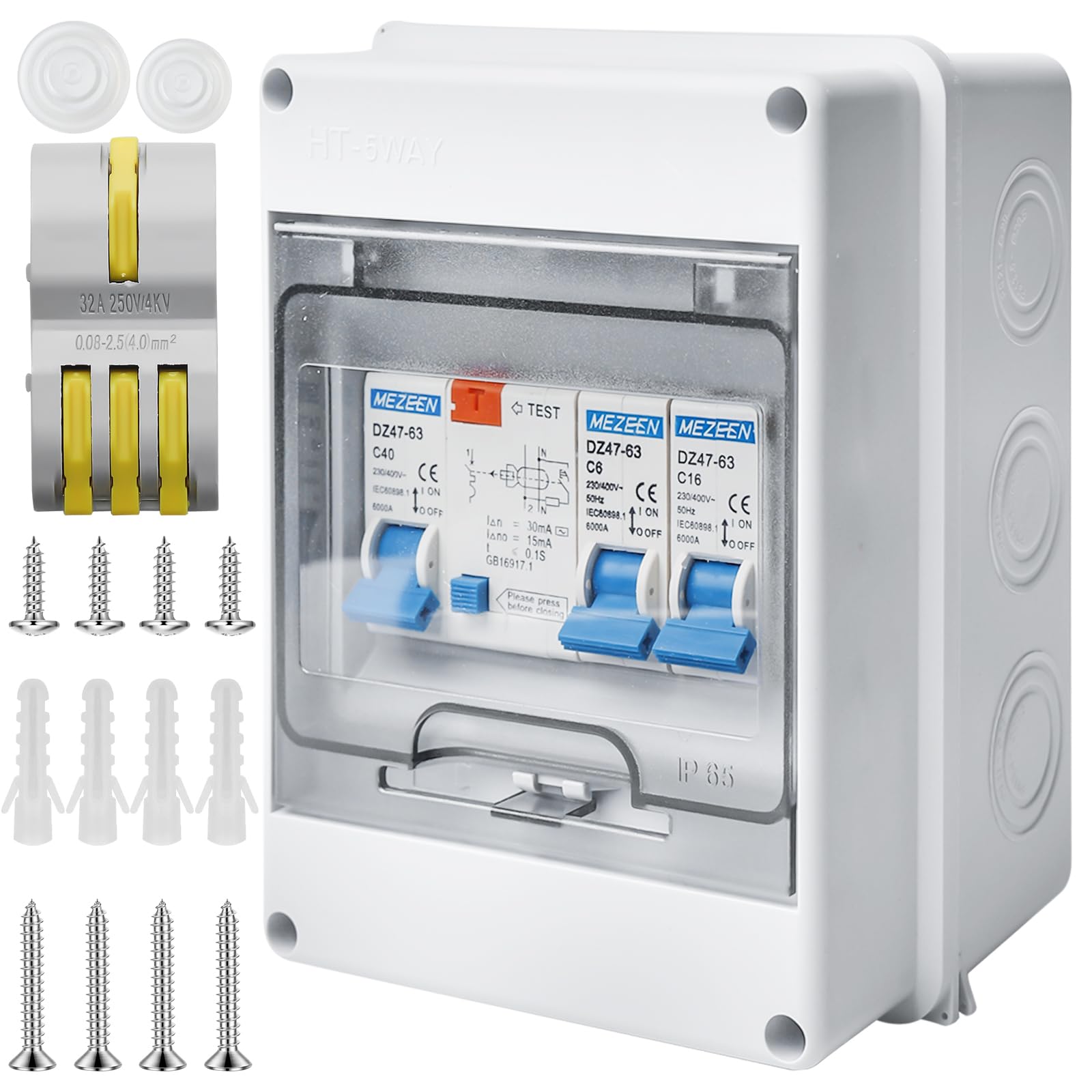 Scatola dei fusibili da parete, IP65, piccolo distributore a parete con interruttori fi, distributore AC 32 A, alloggiamento interno, interruttore di separazione AC 16 A+160 A, per giardino, casa