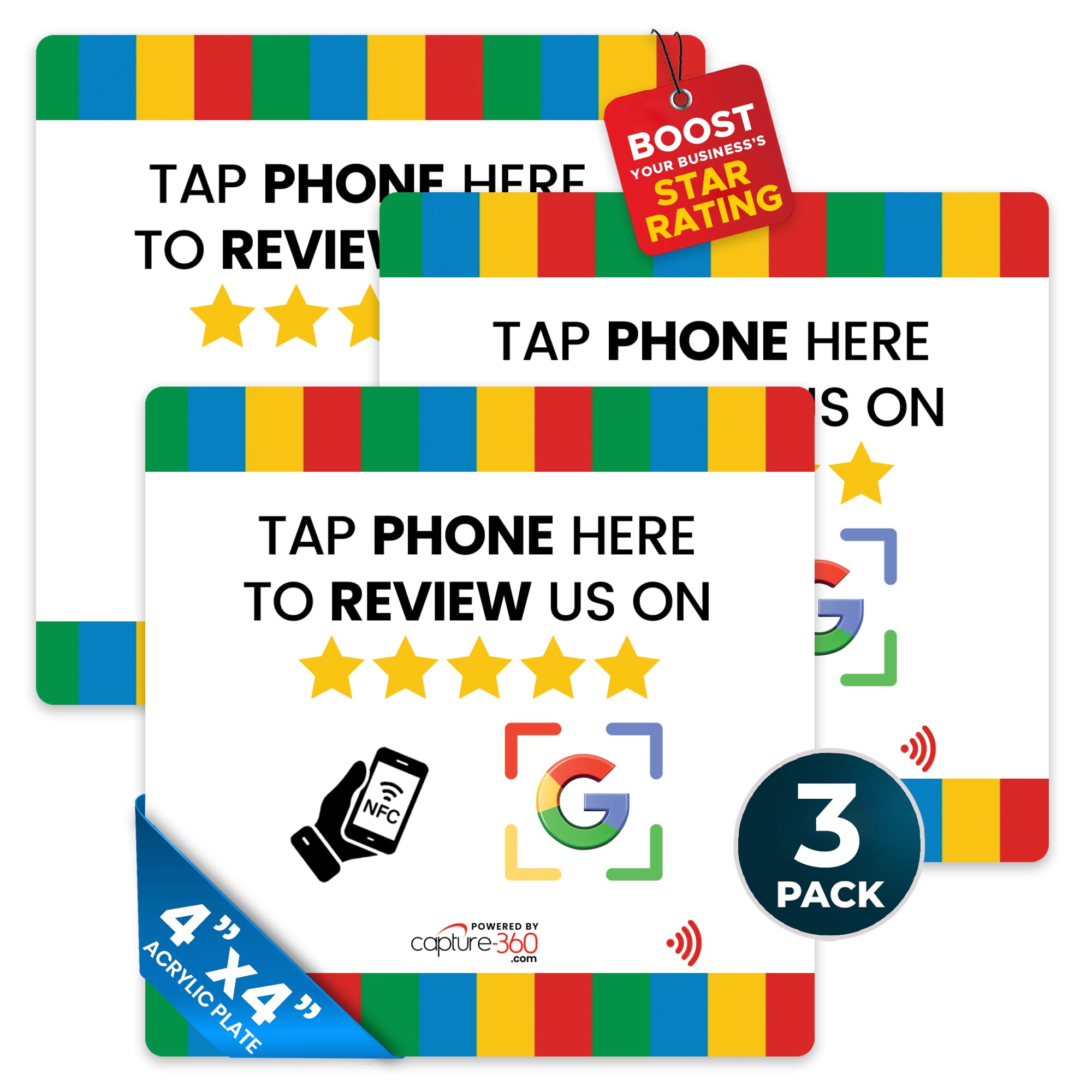Review Plate NFC Tap Acrylic Display - Effortless Feedback Collection, Quick Activation, Small Business, Compatible with Google - Seamless Connectivity for Business or Personal Use - White, Pack of 3