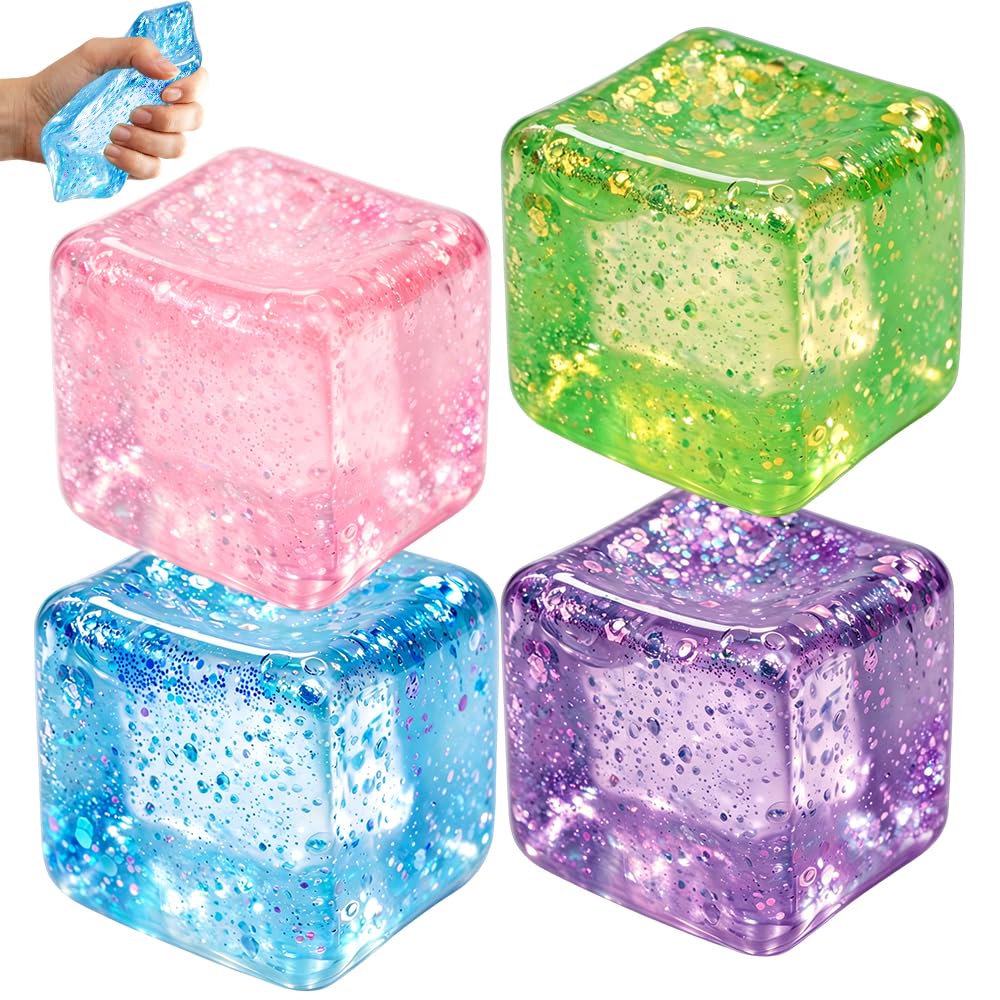 Spiritzohic 4 Pcs Ice Cube Squishy Fidget Toys, Taba Squishy Gold Powder Sensory Squishy Squeeze Cubes, Soft Stress Cube Anxiety Relief, Square Stress Balls Gifts for Kids and Adults
