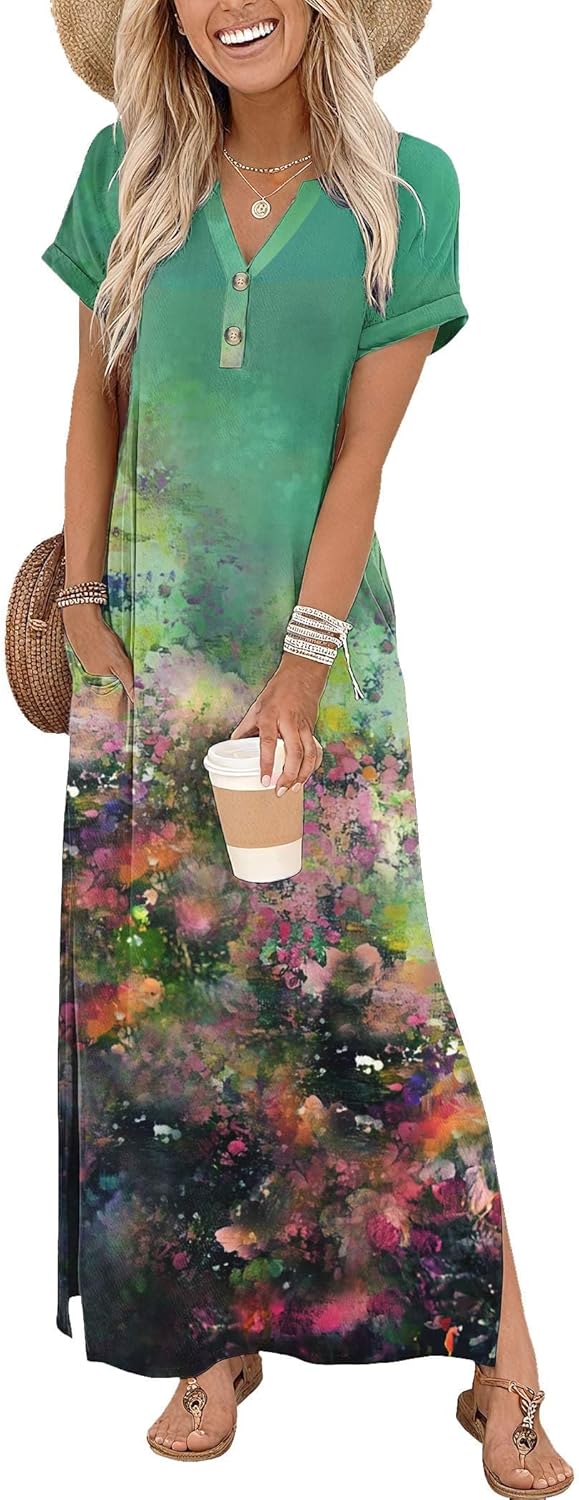 Zeagoo Summer Dresses for Women 2026 Maxi Dresses Vacation Sundress Short Sleeve Casual Sundresses Split Dress with Pockets