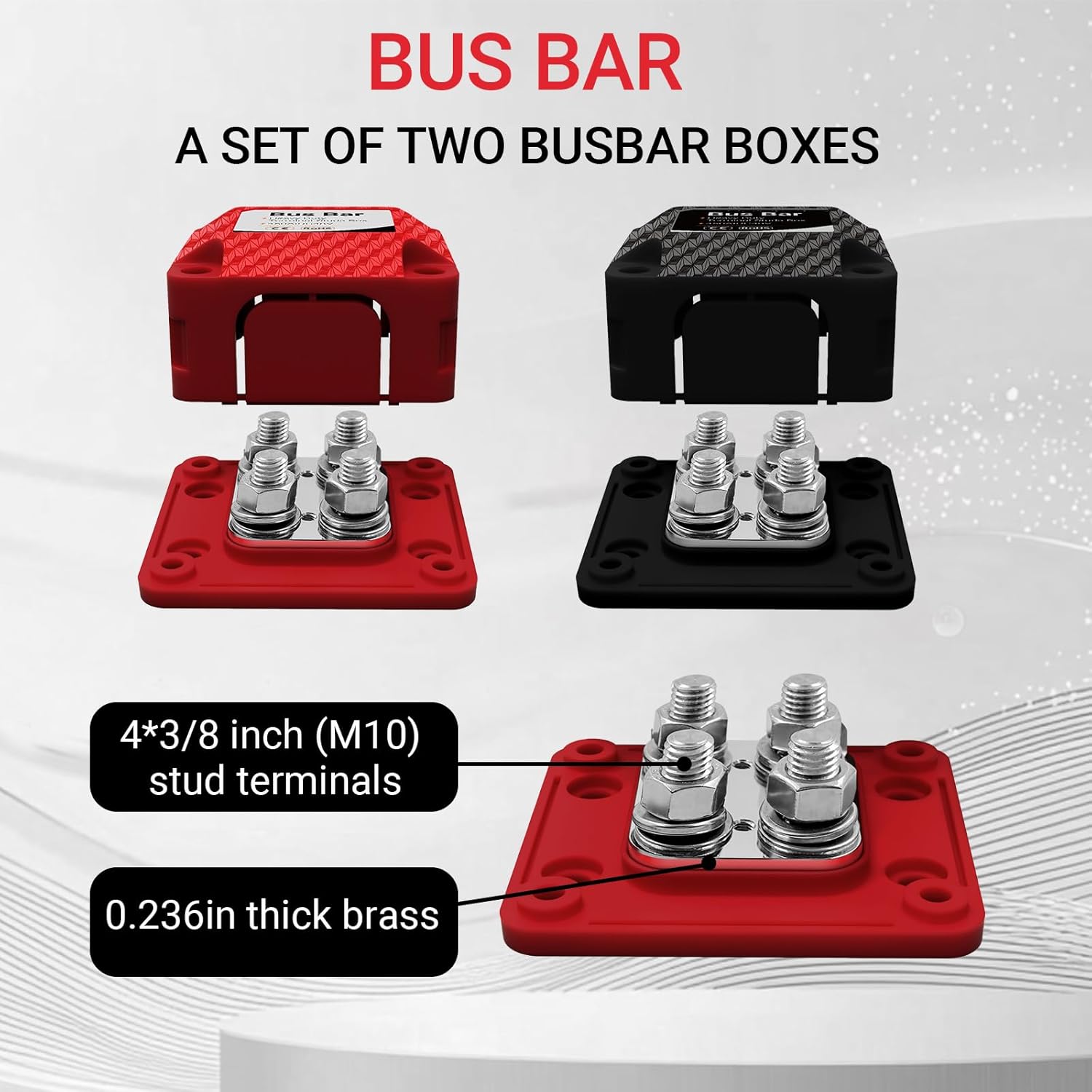 450A Heavy Duty Bus Bar 2 Pack, 48V DC Power Distribution Block with 4 x 3/8" (M10) Stud Posts, Red/Black for Automotive, RV, Marine, Solar Battery Systems