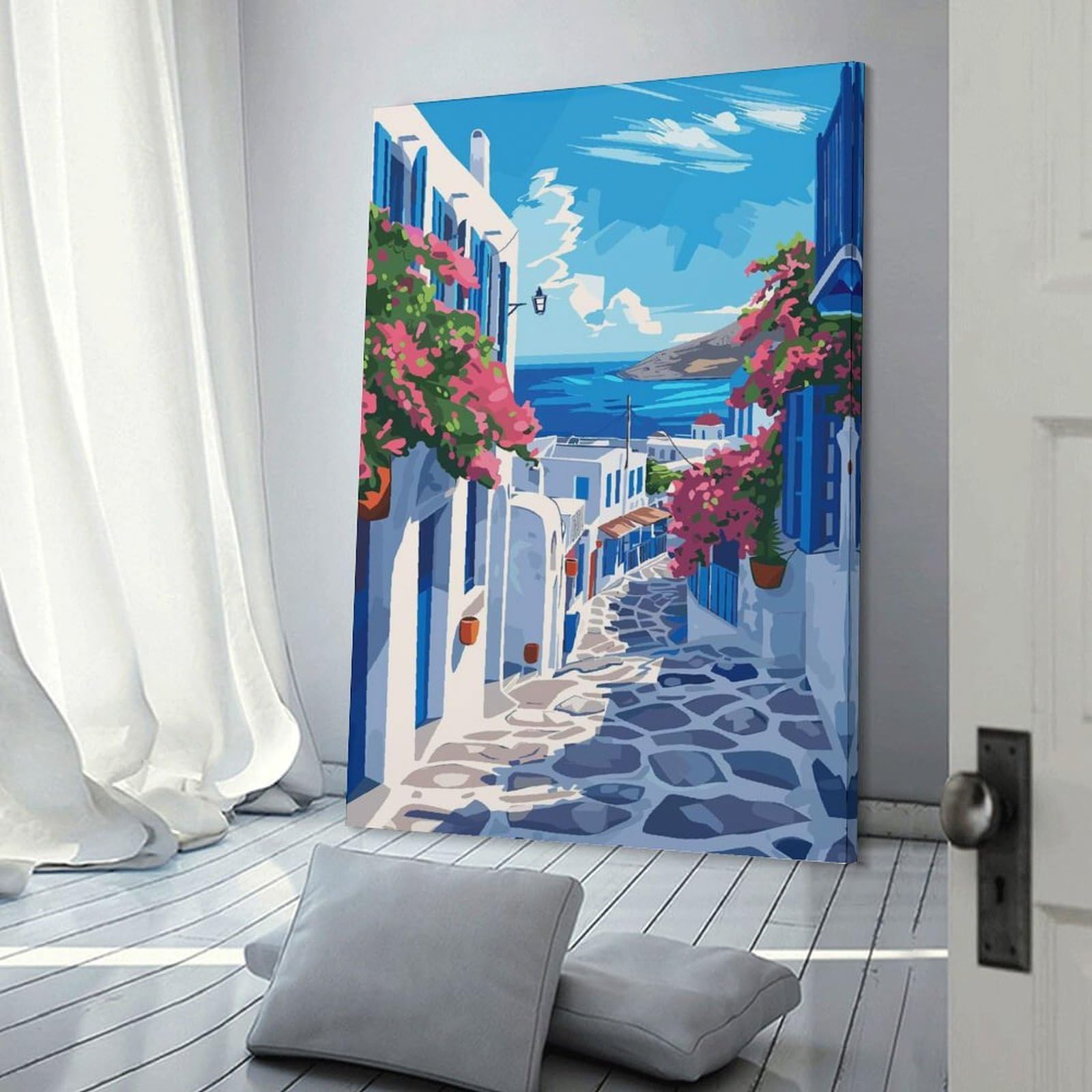 Junmoney Wall Art Print Greek Island Illustration, 12x18inch(30x45cm), for Bedrooms, Workspaces And Everyday Interiors, Stylish Home Artwork for Focal Walls