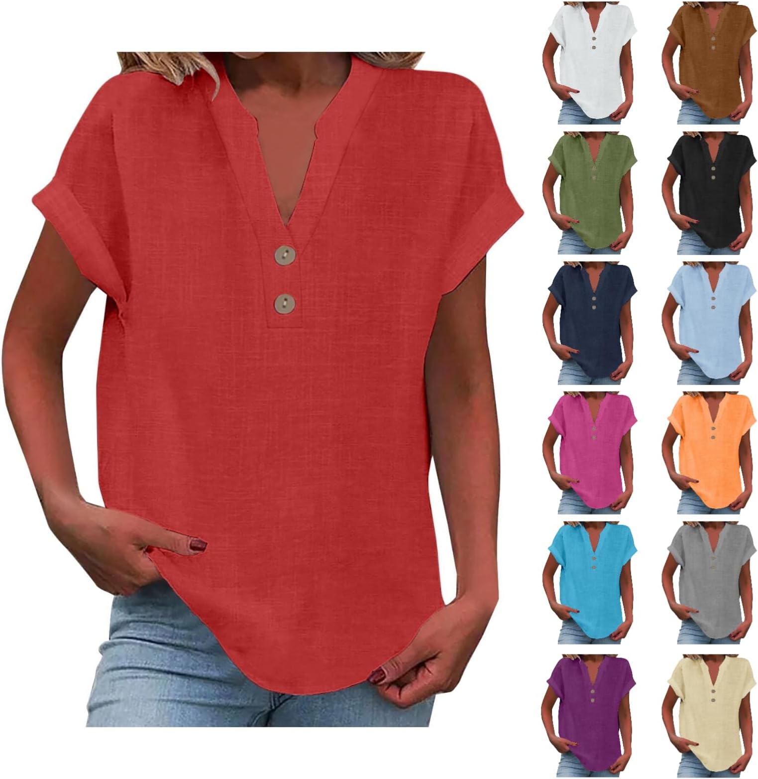 DroeadgorWomens Cotton Linen Shirts Summer Casual Loose Fit Comfy Business Blouses V Neck Button Down Short Sleeve Tops