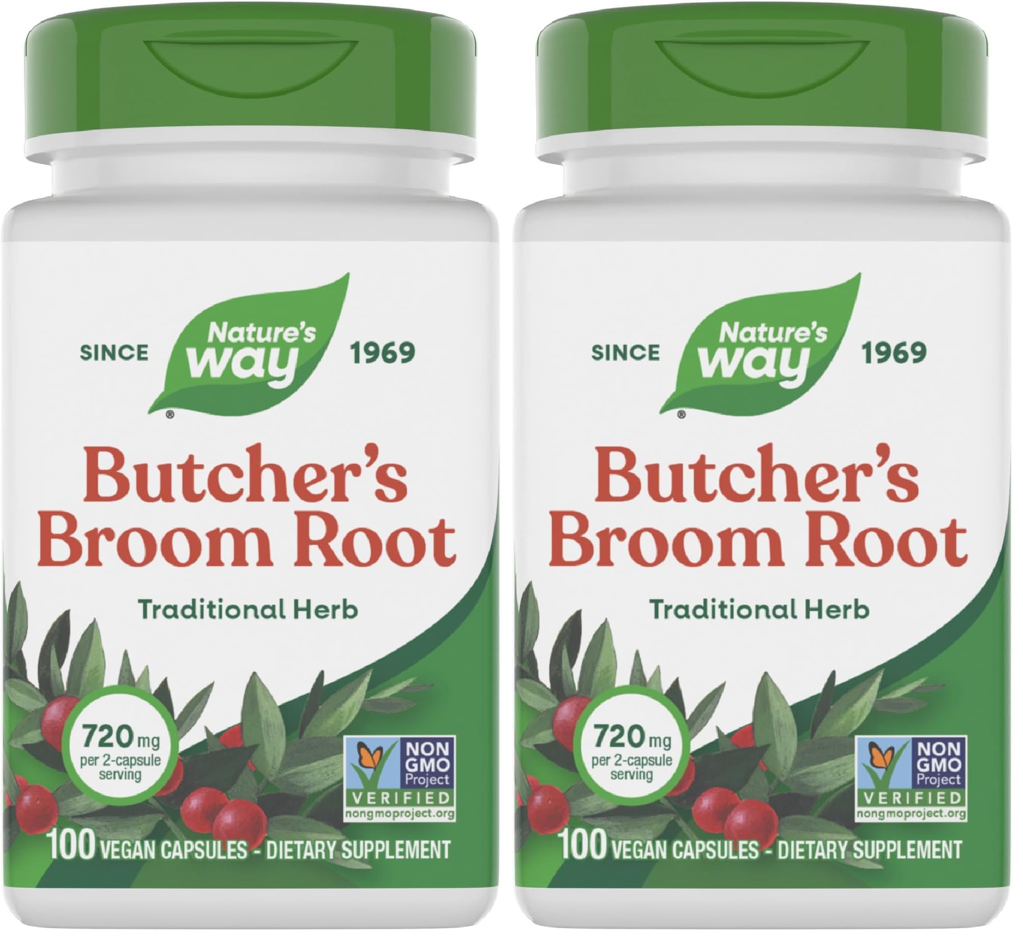 Nature's Way Butcher's Broom Root, Traditional Leg Vein Support*, 100 Vegan Capsules (Pack of 2) 100 Count (Pack of 2)