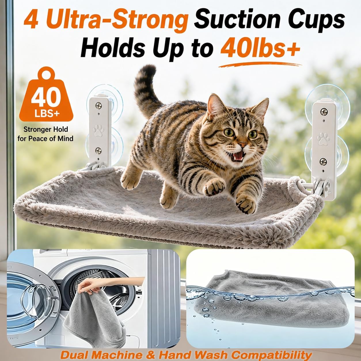 Cordless Cat Window Perch, Foldable Stable Cat Hammock, Breathable for Overlooking, Sunbathing & Climbing, Max Hold Up to 40lb