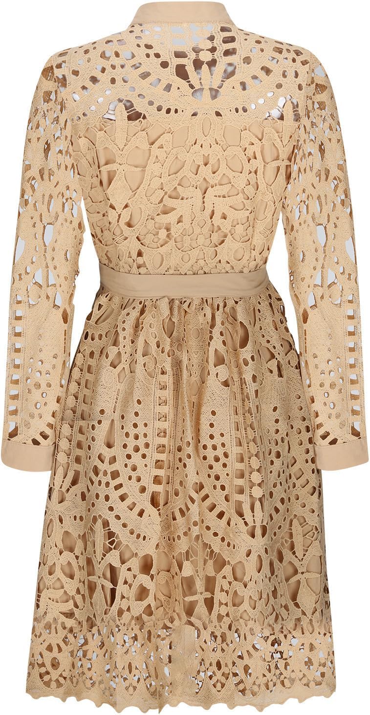 Spring Summer Corchet Dresses Womens Eyelet Long Sleeve Button Up Lapel Collar Flowy Dress Beach Vacation Tie Front Outfits