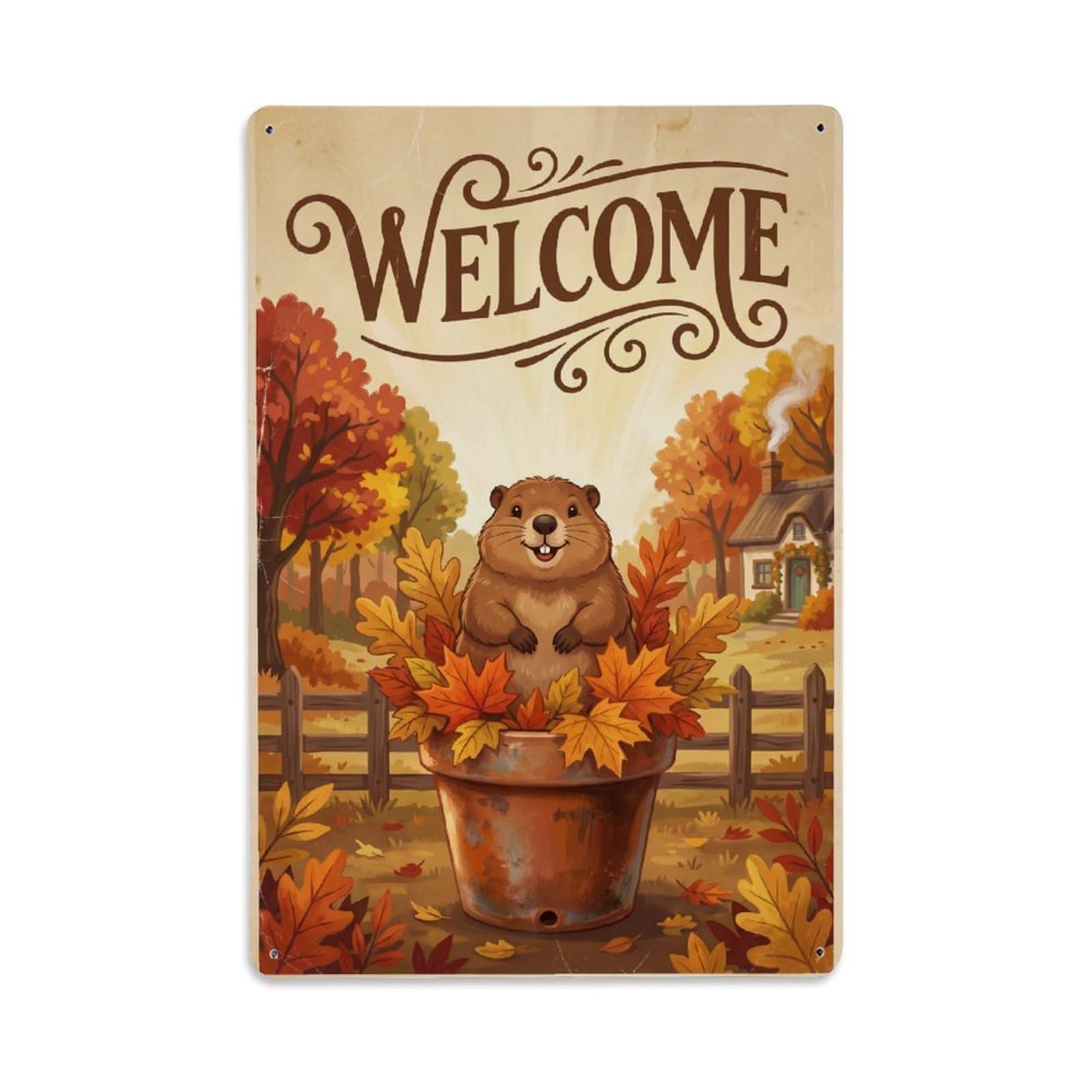 Vintage Welcome Groundhog Woodland Friends Metal Tin Sign