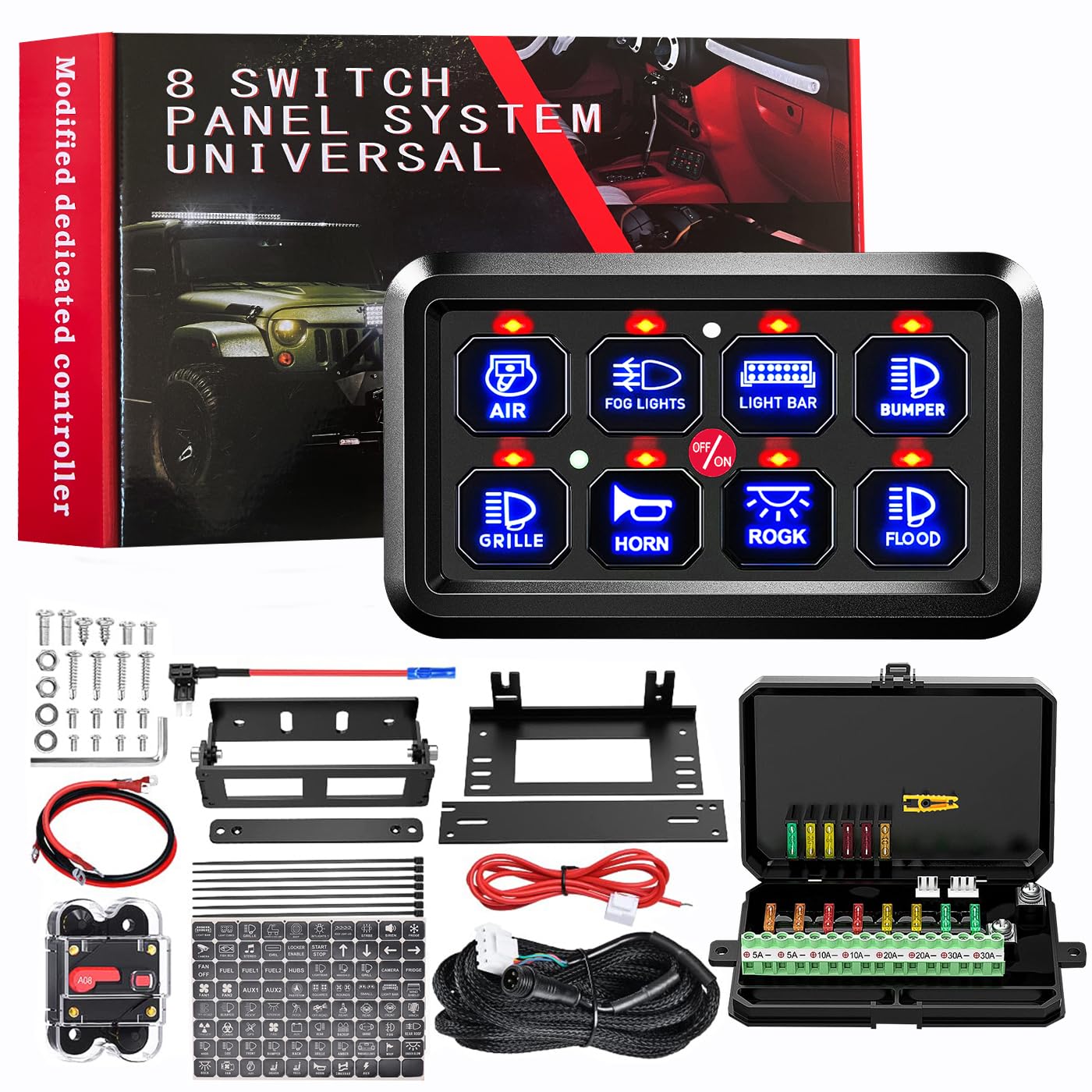 8 Gang Switch Panel pro Universal Circuit Control Relay System Automatic Dimmable LED Box for 12-24V Chevrolet Ford GMC Off-Road SUV Truck Pickup UTV Car Caravan Boat Marine Automotive aux Power
