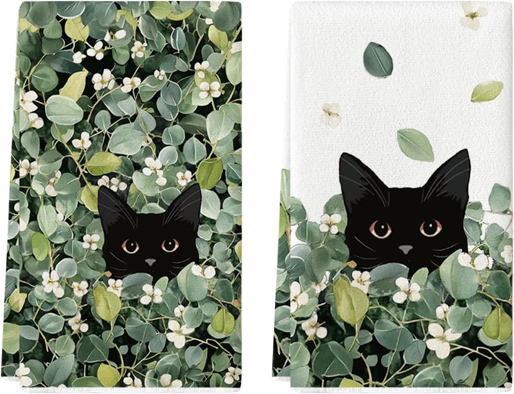 Artoid Mode Green Leaves Wild Flowers Black Cat Spring Kitchen Towels Dish Towels, 18x26 Inch Farmhouse Plants Decoration Hand Towels Set of 2