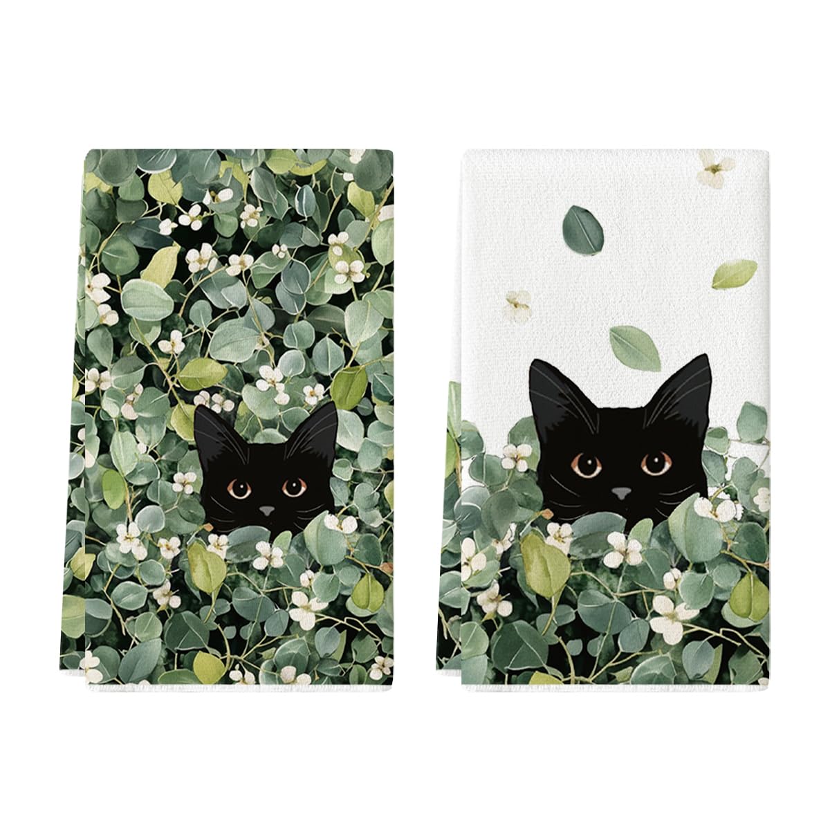 Artoid Mode Green Leaves Wild Flowers Black Cat Spring Kitchen Towels Dish Towels, 18x26 Inch Farmhouse Plants Decoration Hand Towels Set of 2