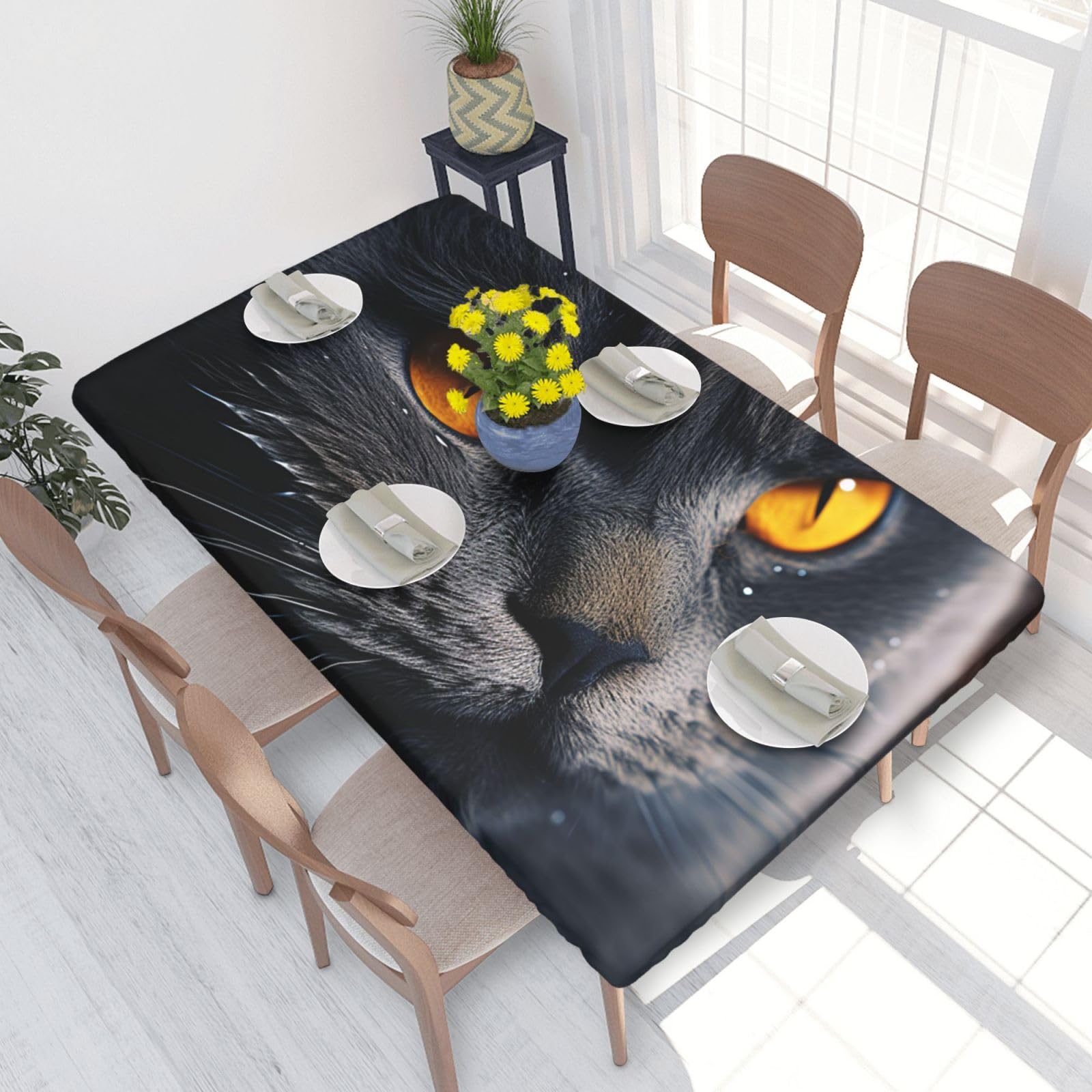 Cats With Yellow Eyes Waterproof Square Table Cover Elastic Fitted Tablecloth Oil Proof Table Protector For 4ft Table