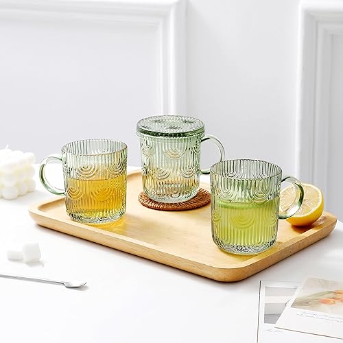 Miniatura 3 de Lysenn Juego de 4 tazas de café de cristal de alta calidad con tapas, diseño único para té, latte, cacao, chocolate, 10 onzas, verde lima