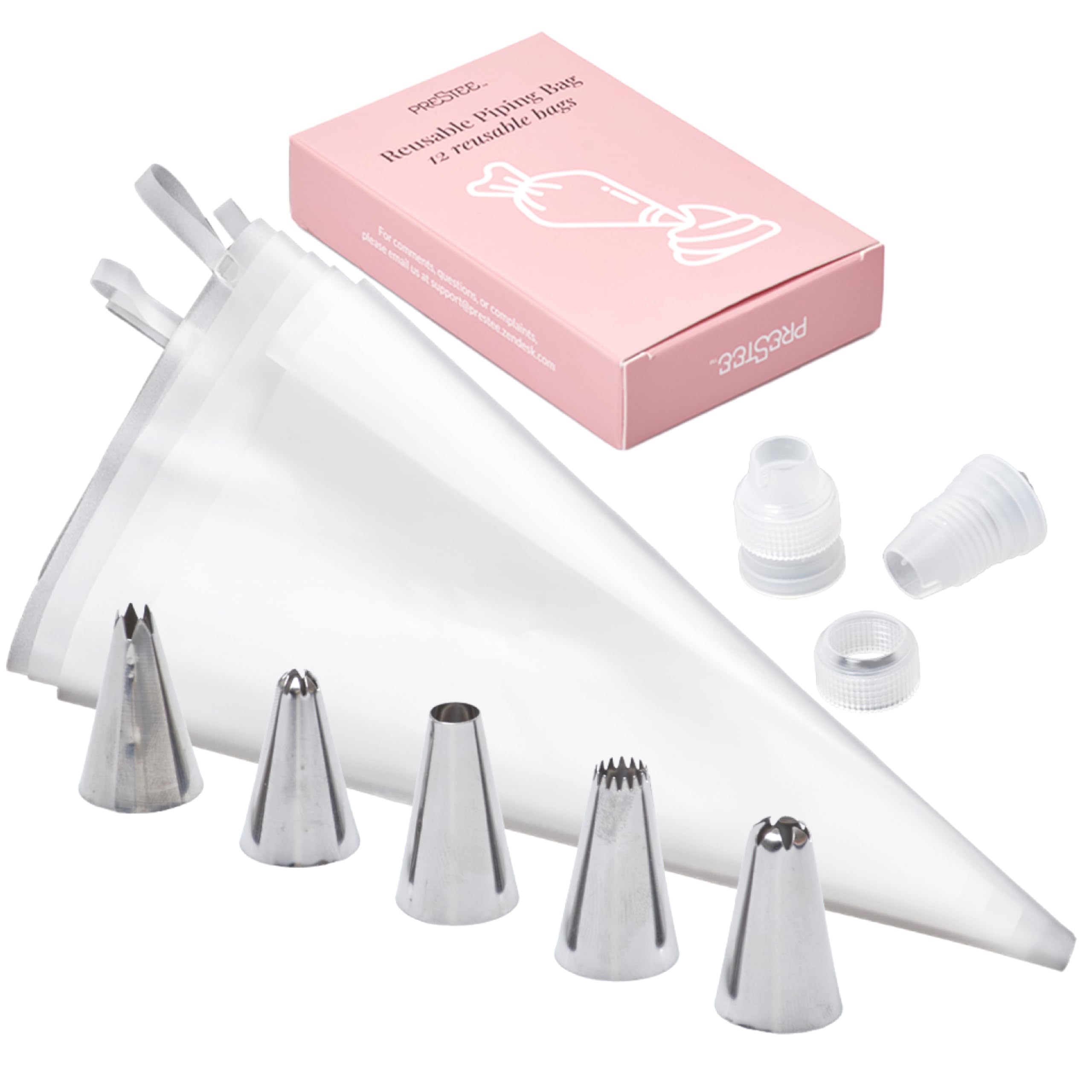 Juego de 5 bolsas de tuberías reutilizables de 12 pulgadas con 5 puntas de glaseado de metal y 2 acopladores, kit de tuberías de glaseado flexible y duradero para decoración de pasteles
