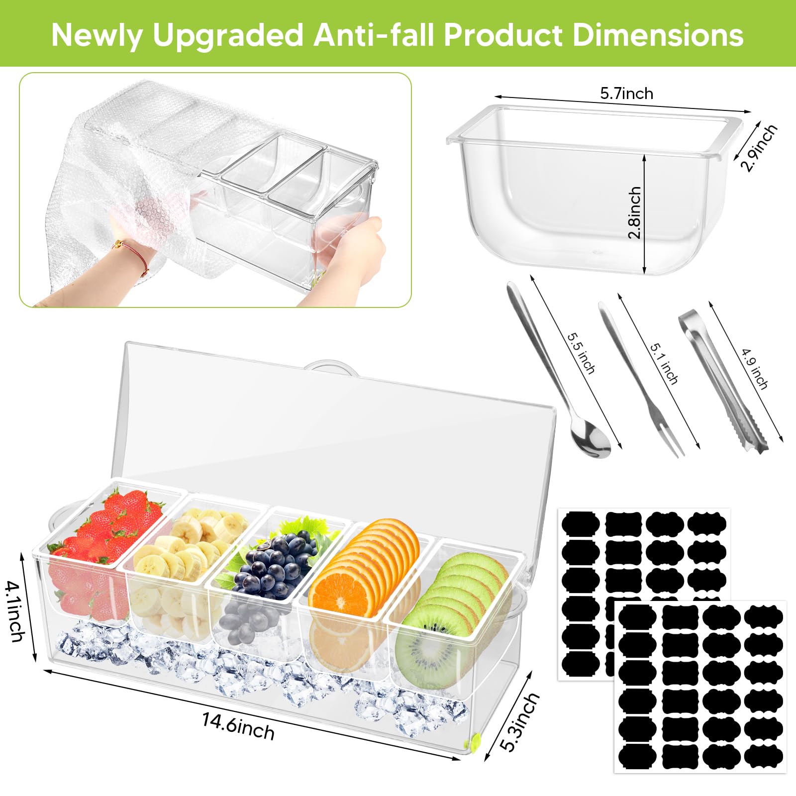 Servidor de condimentos de 5 compartimentos, recipientes de condimentos refrigerados con hielo con tapa con bisagras, organizador refrigerado con 5 platos extraíbles y 15 pinzas de servir de