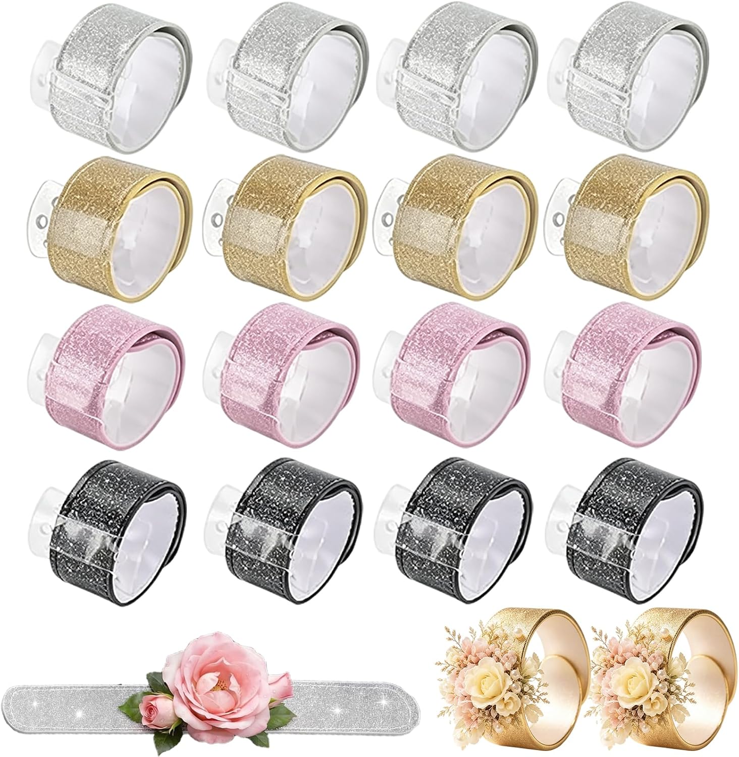 16 Pack Slap Bracelet Corsage Wristlet, Wrist Corsage Bracelets, Diy Wrist Accessories for Wedding, Prom and Bridal Shower Party Wrist Corsages Supplies Homecoming(Pink, Black, Silver, Yellow)