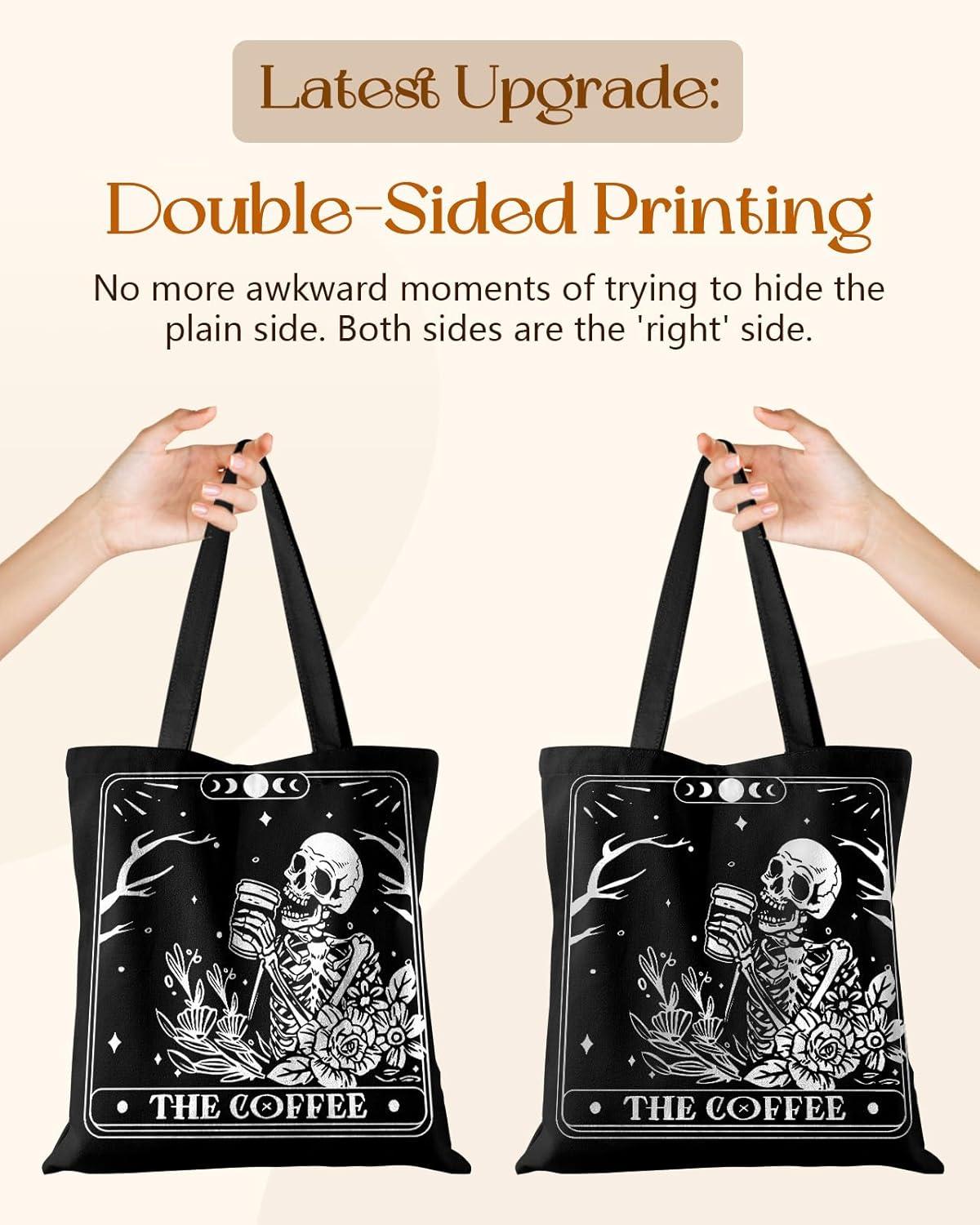 Canvas Tote Bag for Women – Aesthetic Canvas Bag with Zipper Cute Stylish Reusable Shoulder Totes for Shopping Work Daily Vacation, Coffee Skull - Image 5