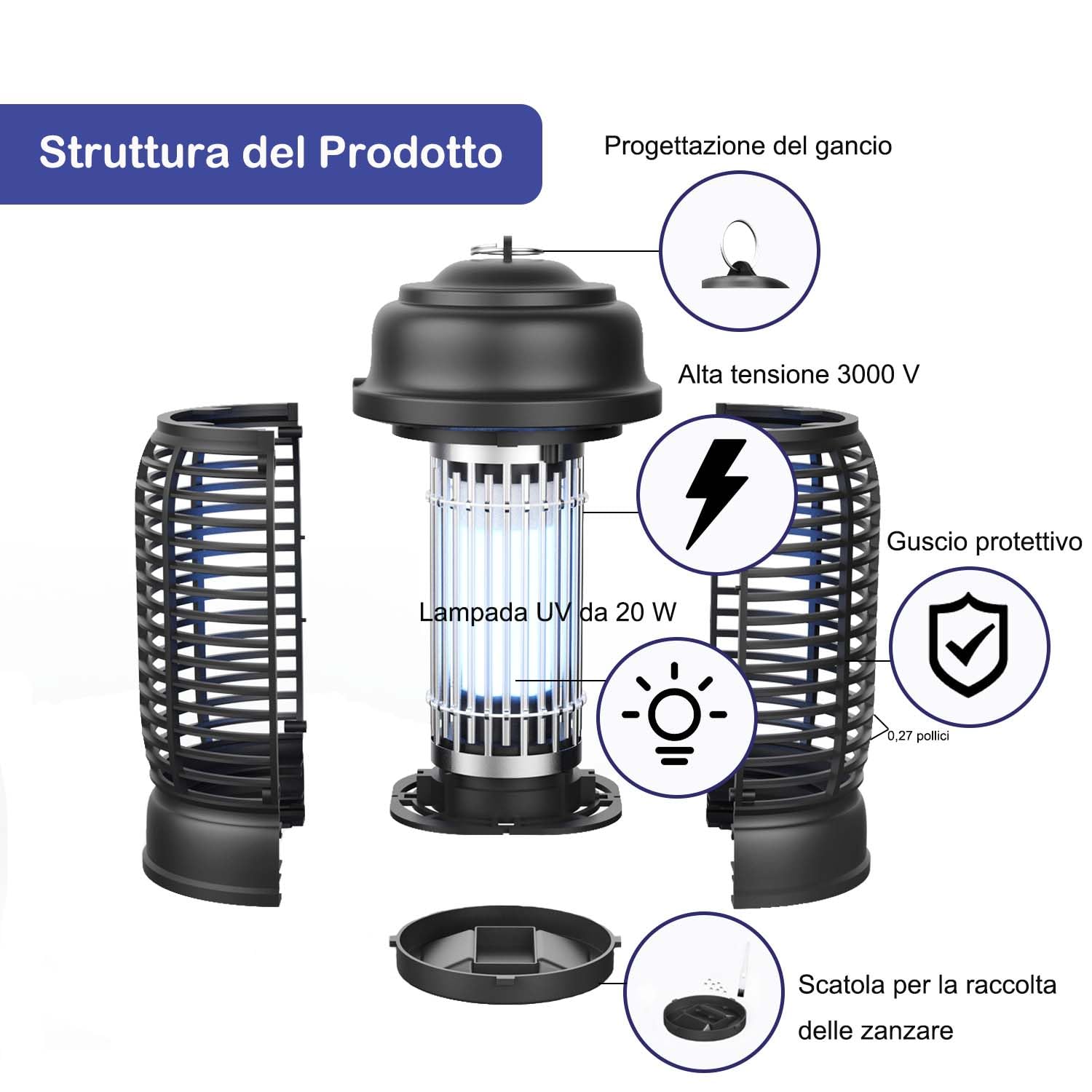 Lampada Antizanzare Elettrica, 20W 3000V UV Zanzariera Elettrica Impermeabile Insetticida Zanzare con Design a Gancio per Giardino Interno Esterno Camera da Letto Cucina Soggiorno