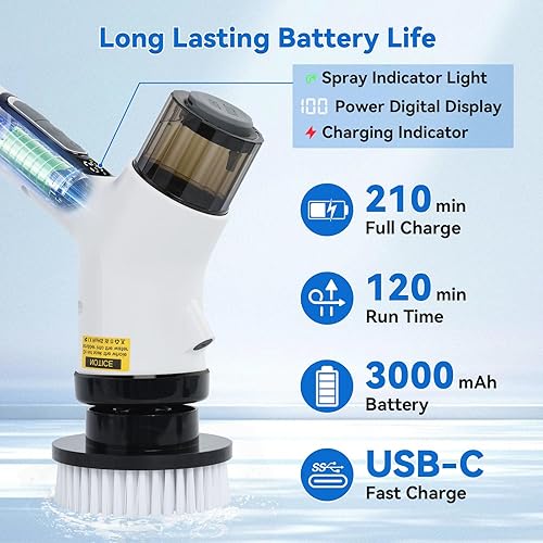 Miniatura 6 de OTraki Limpiador eléctrico giratorio, limpiador eléctrico inalámbrico con 7 cabezales de cepillo reemplazables, 2 velocidades ajustables, cepillo de