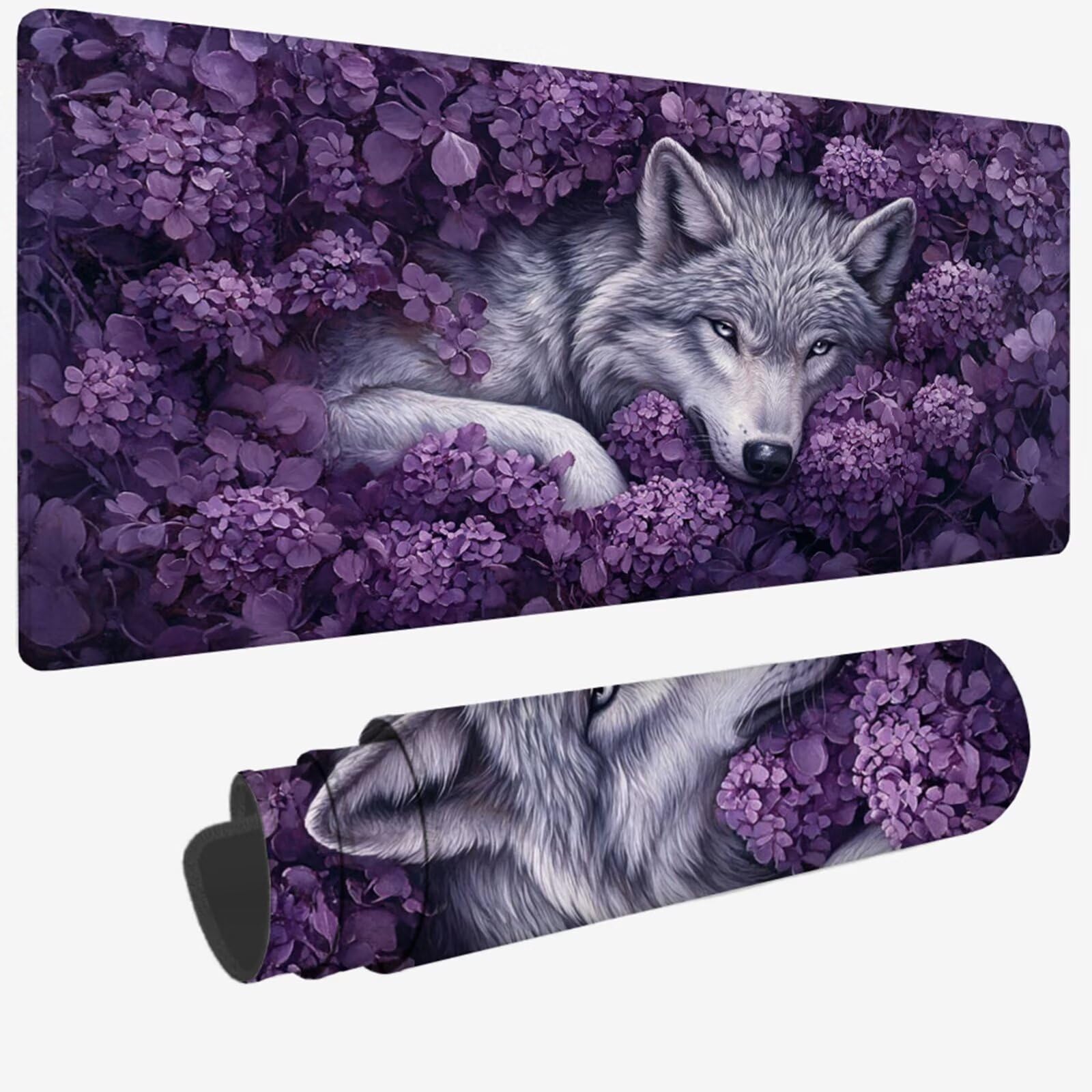 Podkładka pod mysz XXL 1400 x 600 x 3 mm, fioletowa duża podkładka pod mysz z wodoodporną i antypoślizgową gumą wilk pod ręką biurko zszyte krawędzie, poprawia precyzję i szybkość dla gracza W-356