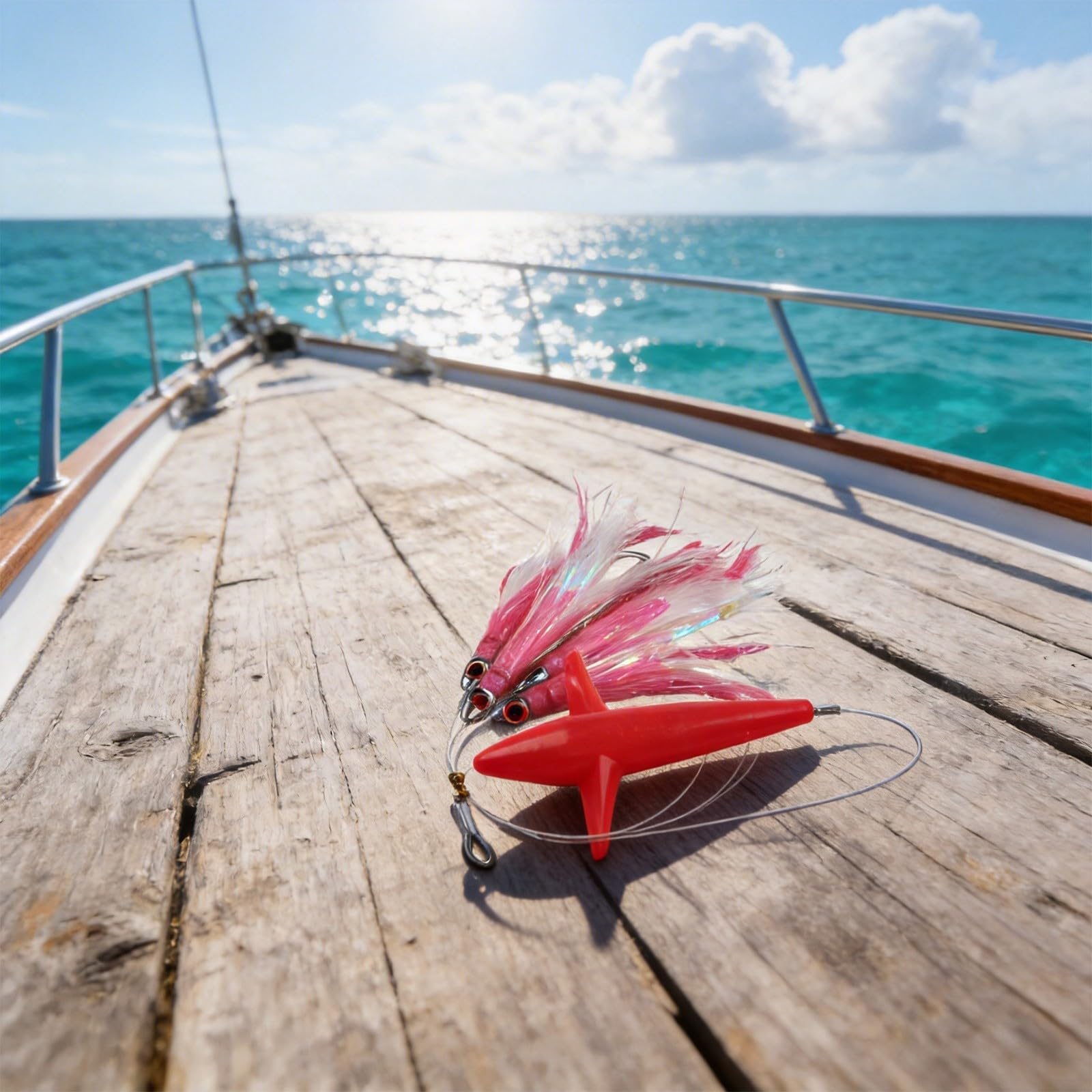 Señuelo de atún con falda de arrastre de plumas con gancho de acero para uso en barco de pesca de caza grande, cebo falso con cuerpo de gancho aplanado para mayor resistencia