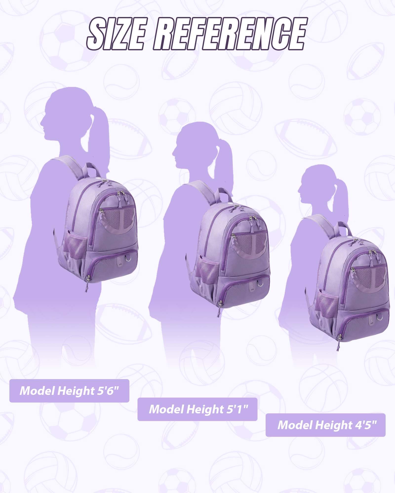 TRAILKICKER Mochila de baloncesto de 30 L, bolsa de fútbol morada con soporte para pelota, compartimento para zapatos, resistente al agua, transpirable, mochila multideportiva para voleibol, fútbol